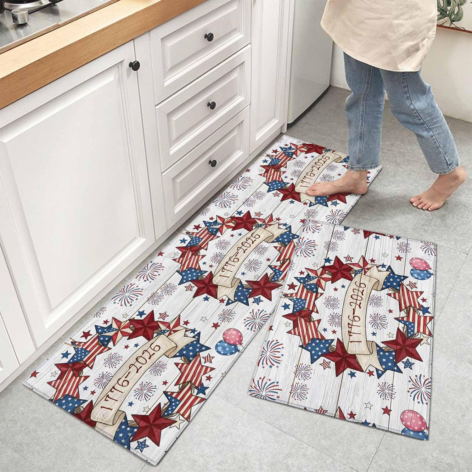 Kitchen Mats for Floor American 250th Anniversary Washable Non Slip Kitchen Rugs 2PCS, Red Blue Star Wood Board Absorbent Standing Mats for Sink Bathroom Office Living Room 15.7x23.6in+15.7x47.2in