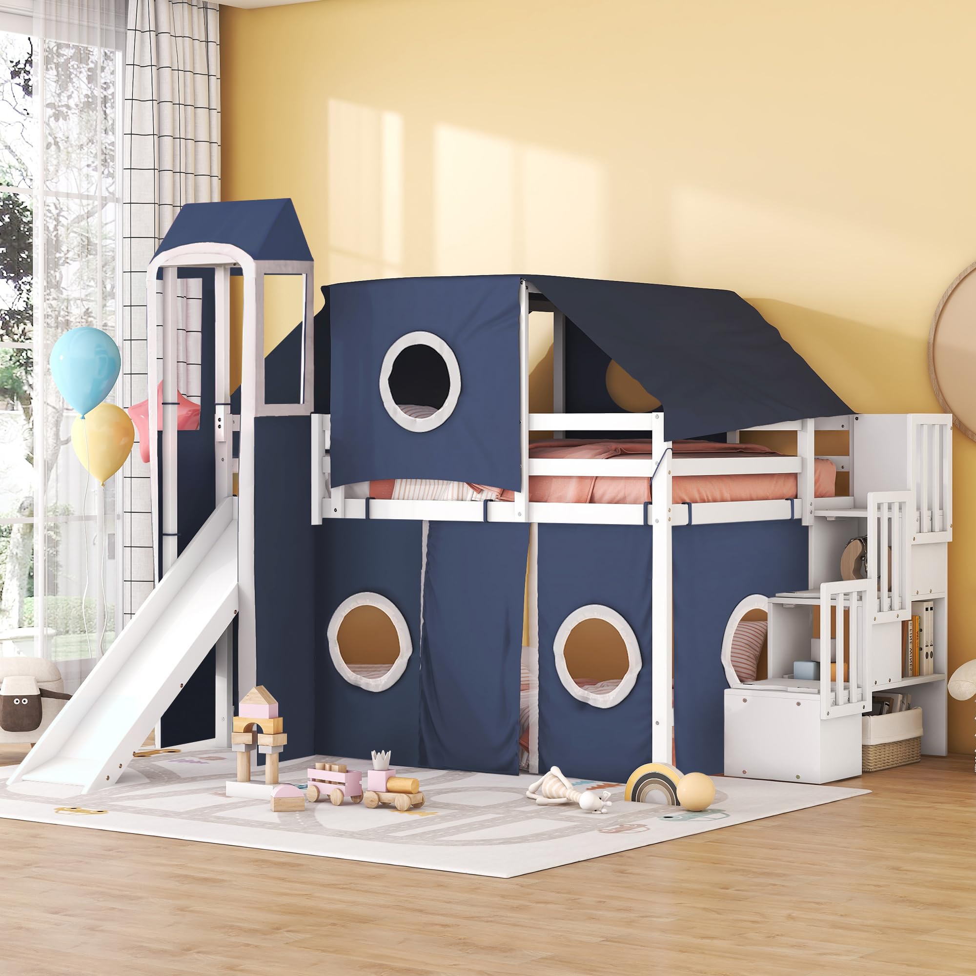 Merax Low Loft Bed Full Size with Slide and Storage Stairs, Wood Loft Bed with Tent & Tower, for Boys & Girls, Blue