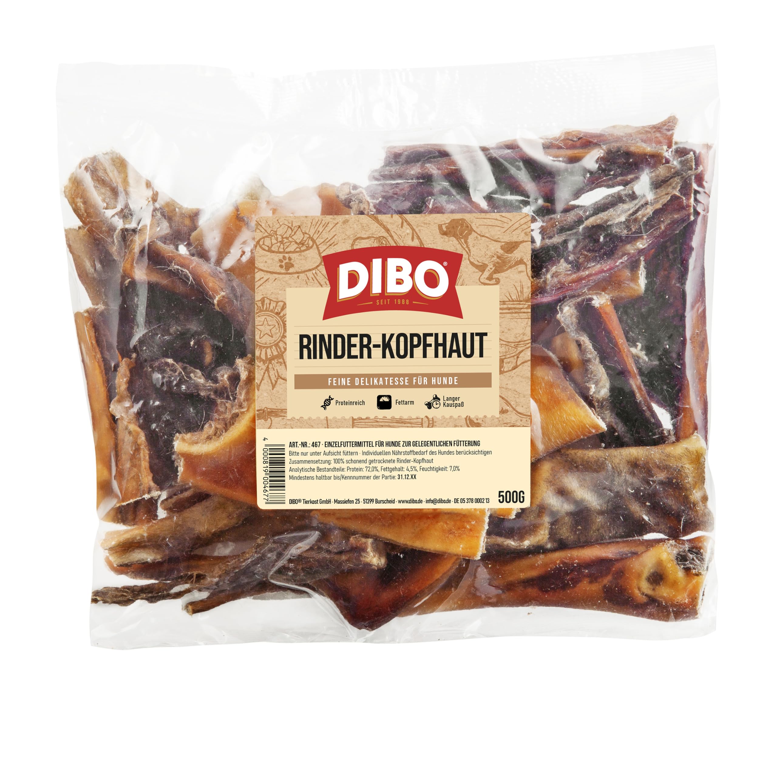 DIBO Cuoio capelluto bovino, sacchetto da 500 g, snack naturale o dolcetti per cani, articoli da masticare di qualità senza prodotti chimici
