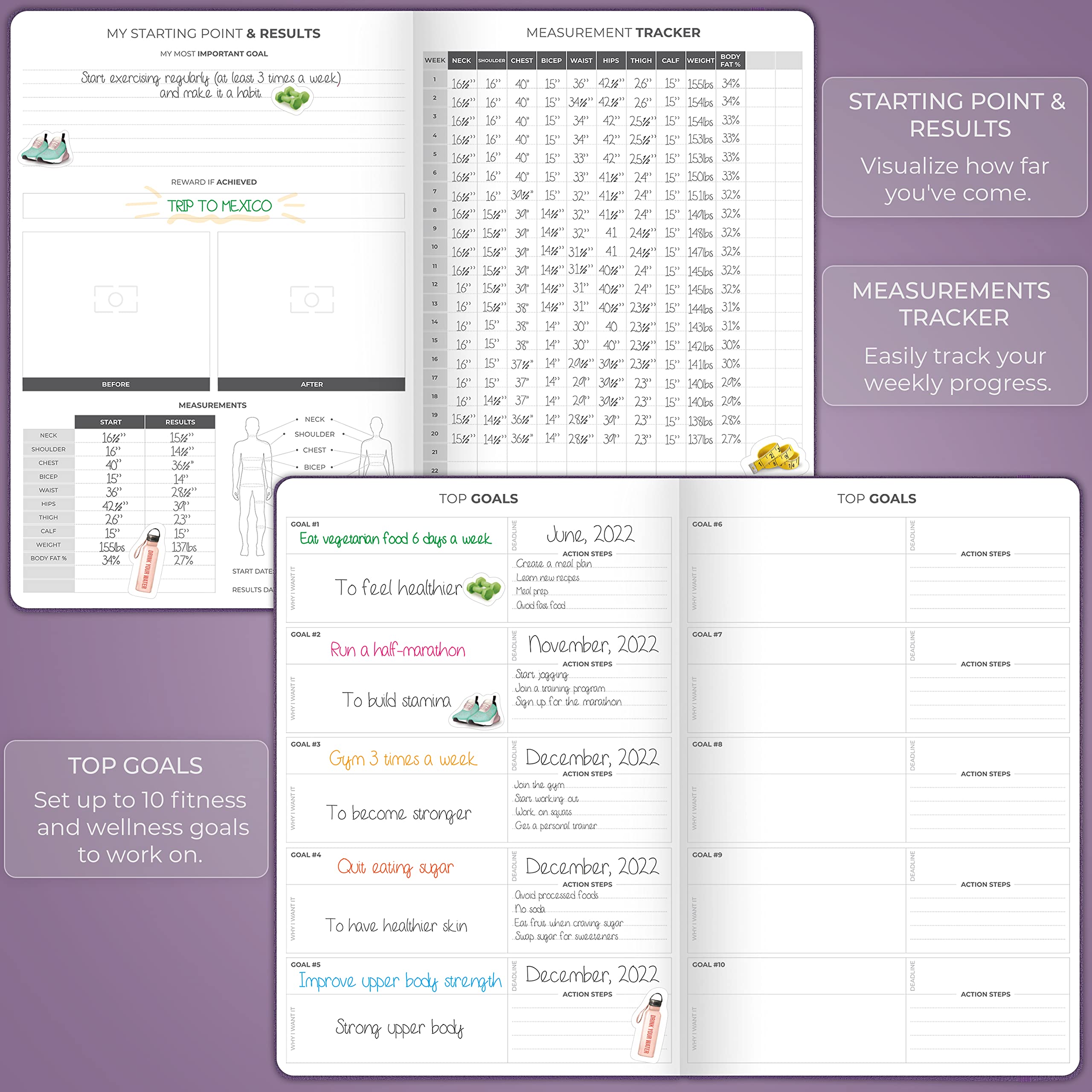 Clever Fox Fitness Journal Pro – Planificateur d'entraînement quotidien avec planificateur de repas et suivi des habitudes, carnet de notes d'exercice pour homme et femme, dure 6 mois, 18 x 25,5 cm