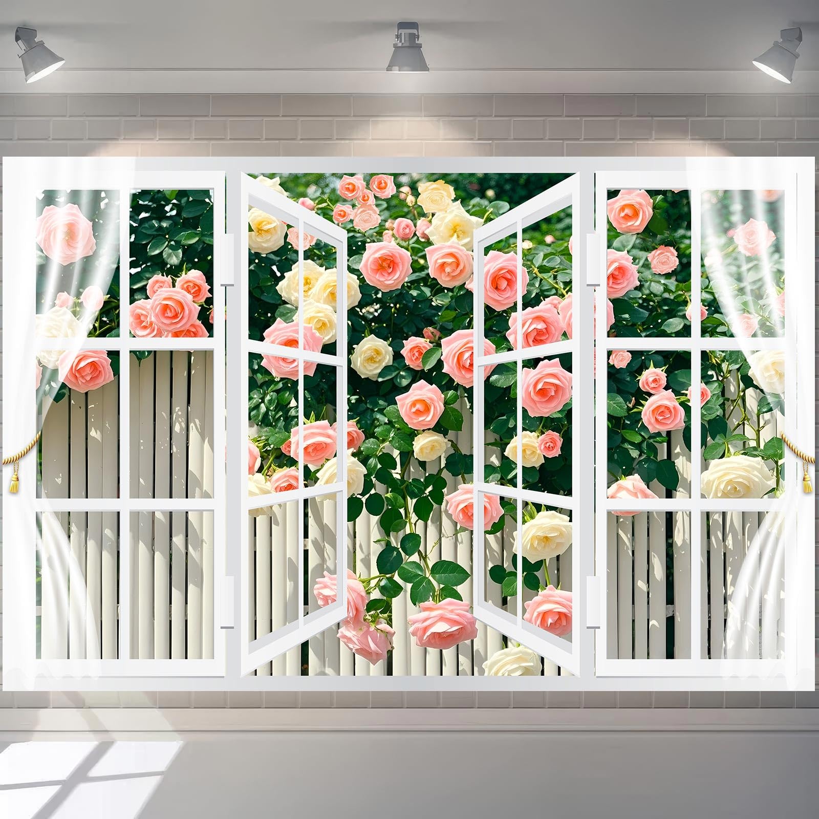 Spring Rose Backdrop Window Scenery Backdrops, Pink Floral Backgrounds Garden Flower Photography Background, Natural Landscape Wall Decor Party Family Photo Studio Props (7x5ft)