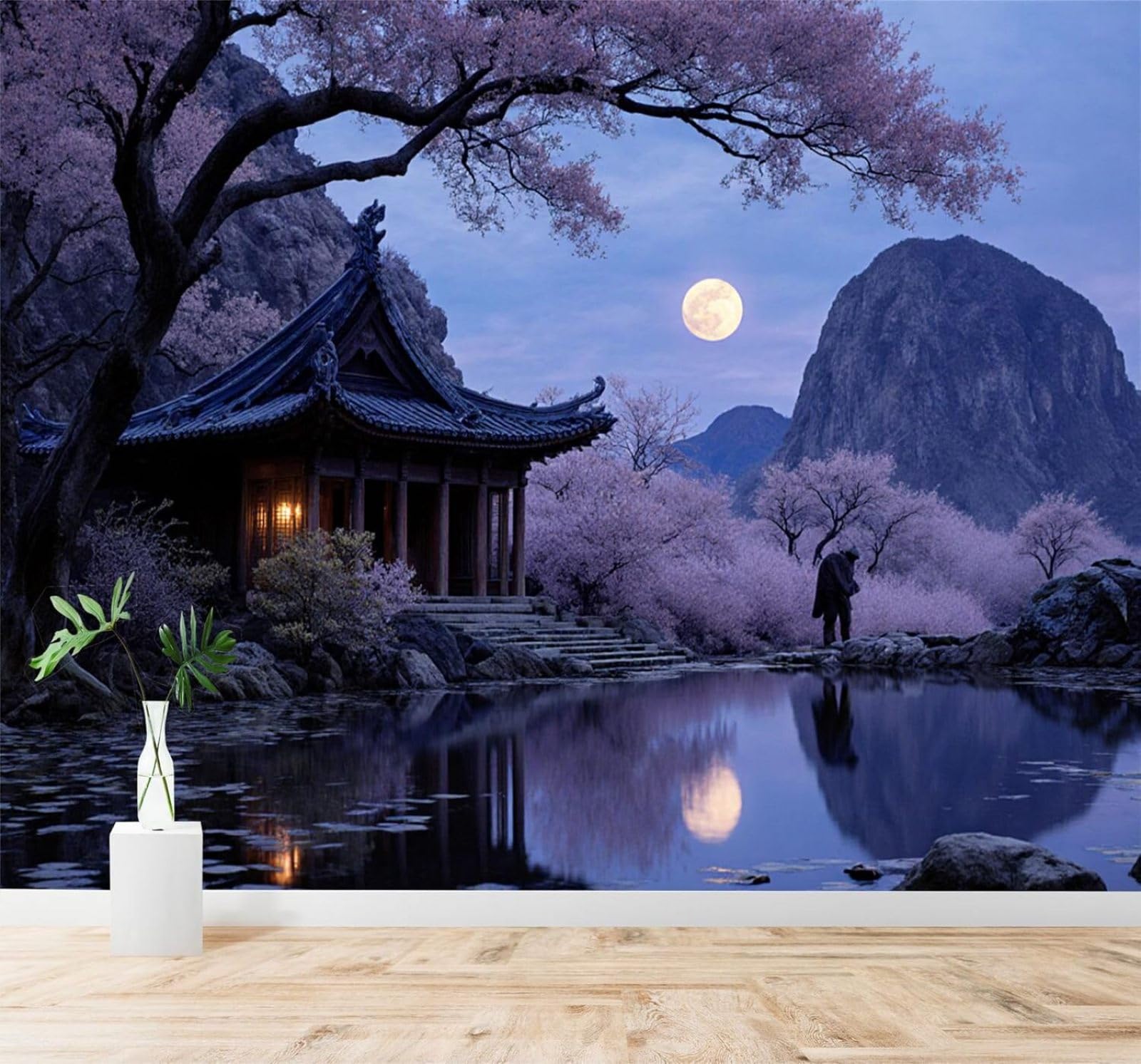 XLMING Beautiful Cherry Blossoms Full Moon Mountain Peaks Reflections 3D Wallpaper Silky Texture Home Study Office Grey Dining Room Sofa Bedroom Living Room TV Backdrop-430cm×300cm