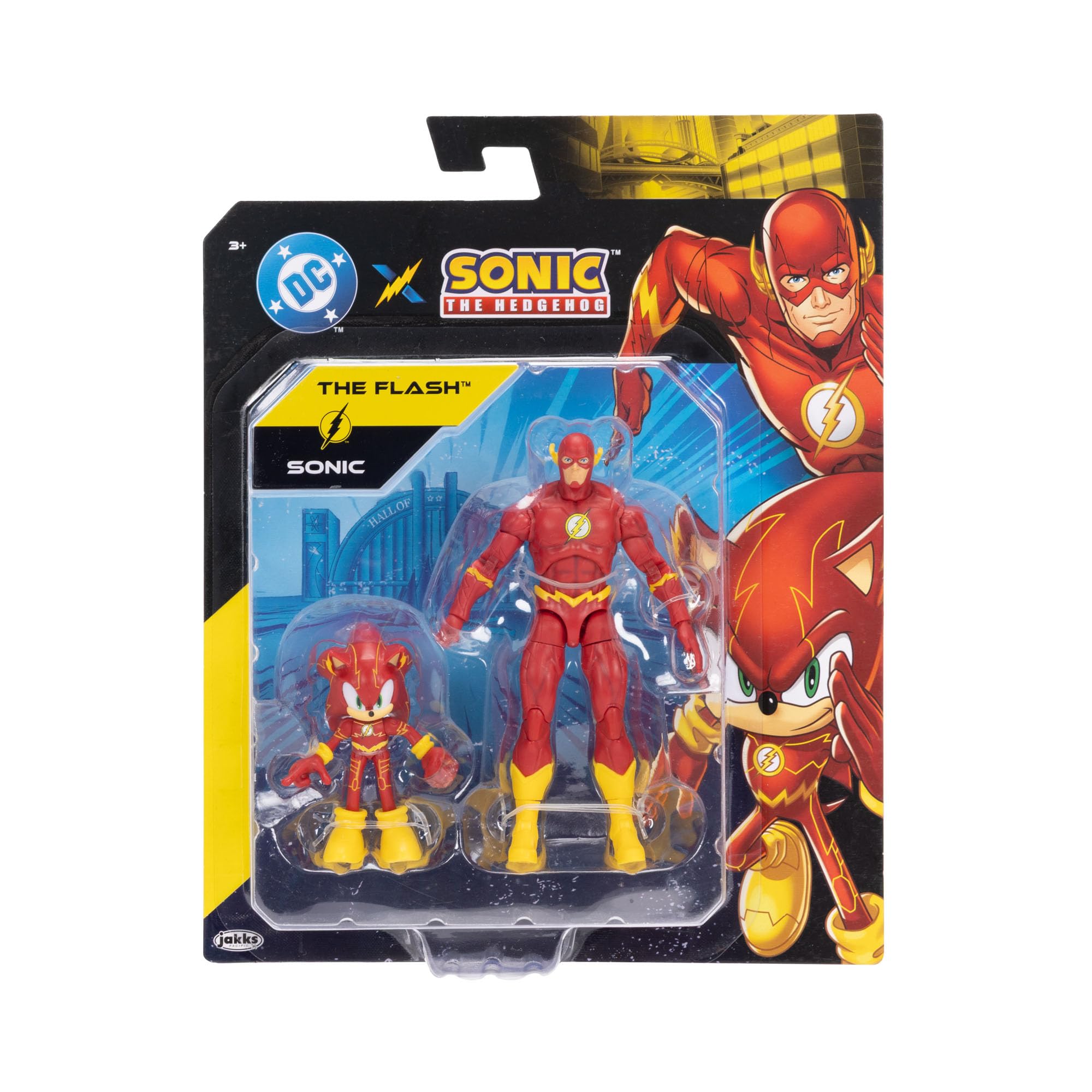 Zestaw figurek akcji DC x Sonic the Hedgehog i Flash, oficjalna licencja Jakks Pacific, zawiera klasyczne figurki akcji o wymiarach 2,5" i 5", przedmioty kolekcjonerskie Sonic x DC