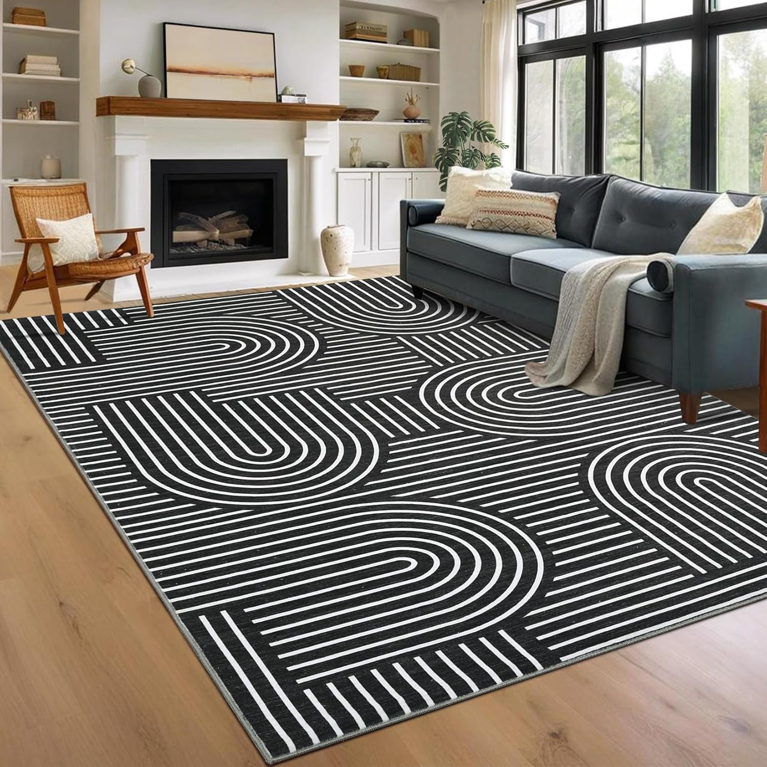 Photo 1 of  Washable Rug 9x12 Area Rugs for Living Room, Abstract Rug for Bedroom, Soft Rainbow Non Slip Throw Rugs with Rubber Back, Low Pile Stain Resistant Boho Geometric Carpet for Dining Room, Black 