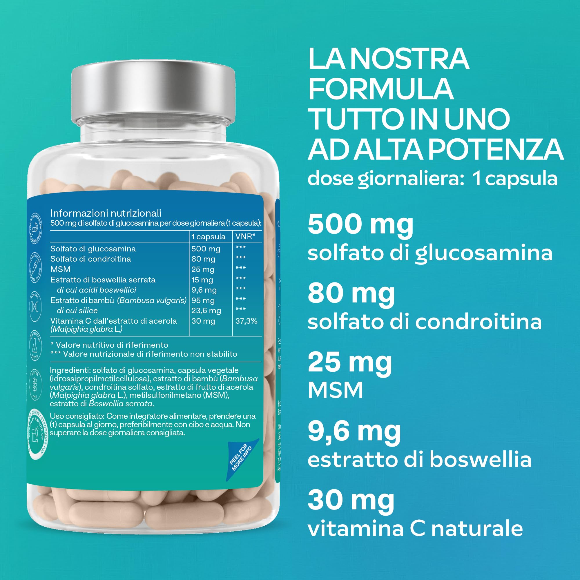 Glucosamina Condroitina MSM Integratore Alto Dosaggio con Boswellia Serrata e Vitamina C Naturale da Acerola - Senza Pesce e Crostacei - Integratore Difese Immunitarie, Ossa, Cartilagini - 180 Capsule