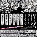 Multi Shapes Transparent White 3D Glass Crystal Nail Art Rhinestones Kit with Flatback Round Bead Charm Gem Stone Jewelry Diamond with Pickup Pen + Tweezer for Manicure Makeup DIY Craft Decoration