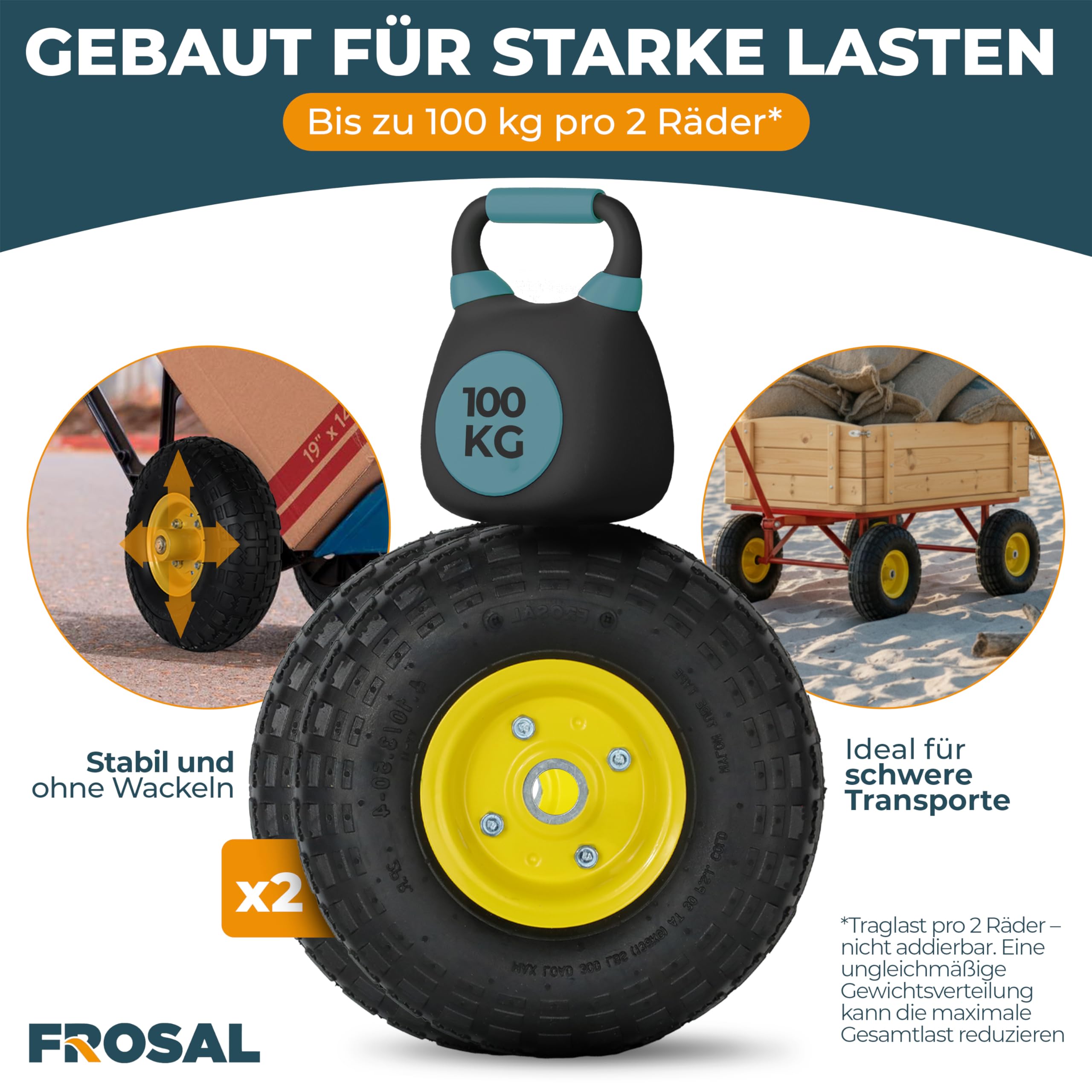 FROSAL PU-Ersatzräder 4.10/3.50–4 – 2er-Set – pannensichere Räder mit Stahlfelge – Vollgummi-Bereifung – Ø 260 × 85 mm – Achsdurchmesser 16 mm, Nabenlänge 55 mm – für Sackkarre & Bollerwagen