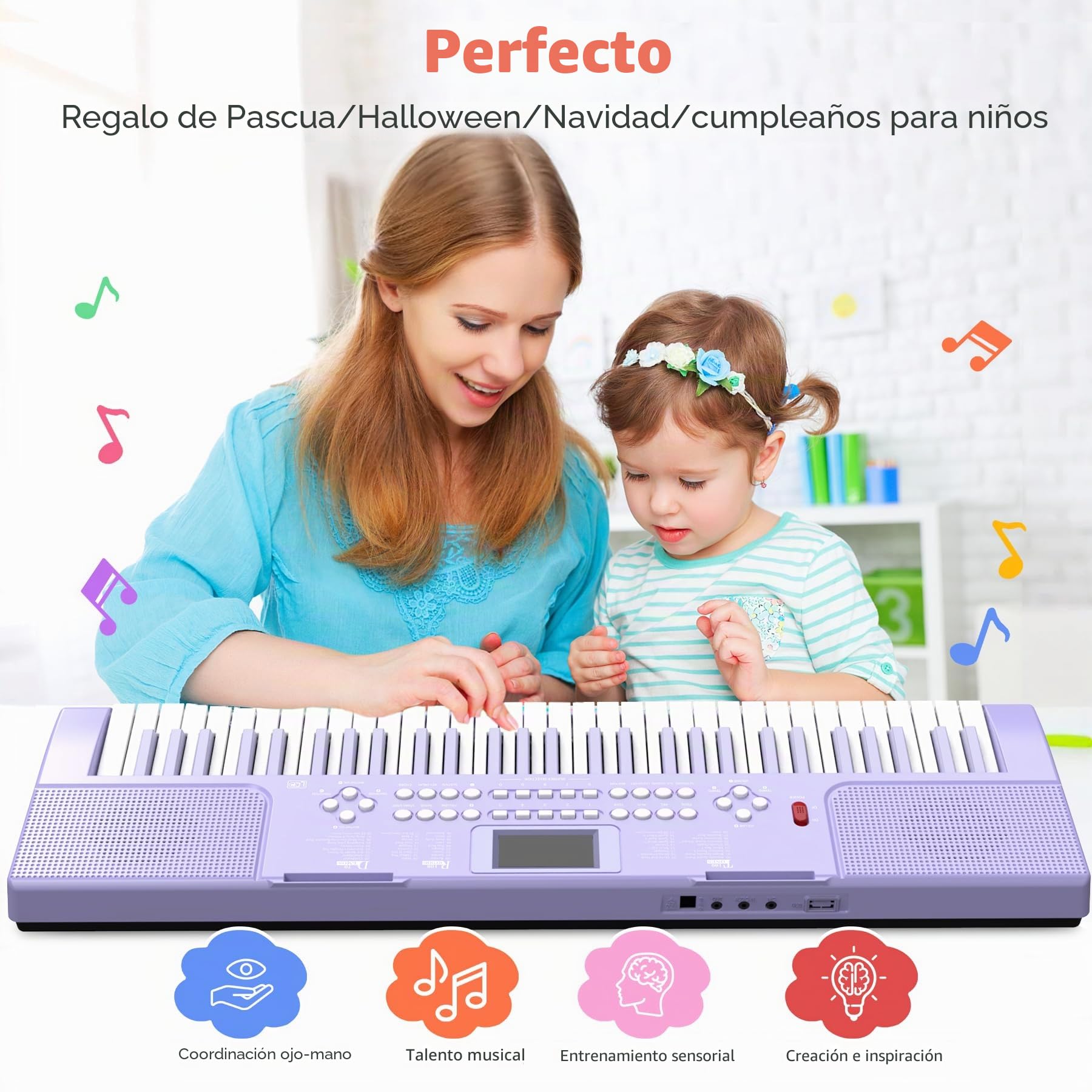 Piano digital electrónico para niños con teclas iluminadas, portátil, de 61 teclas, juguete musical educativo para principiantes con atril y micrófono. (Púrpura)