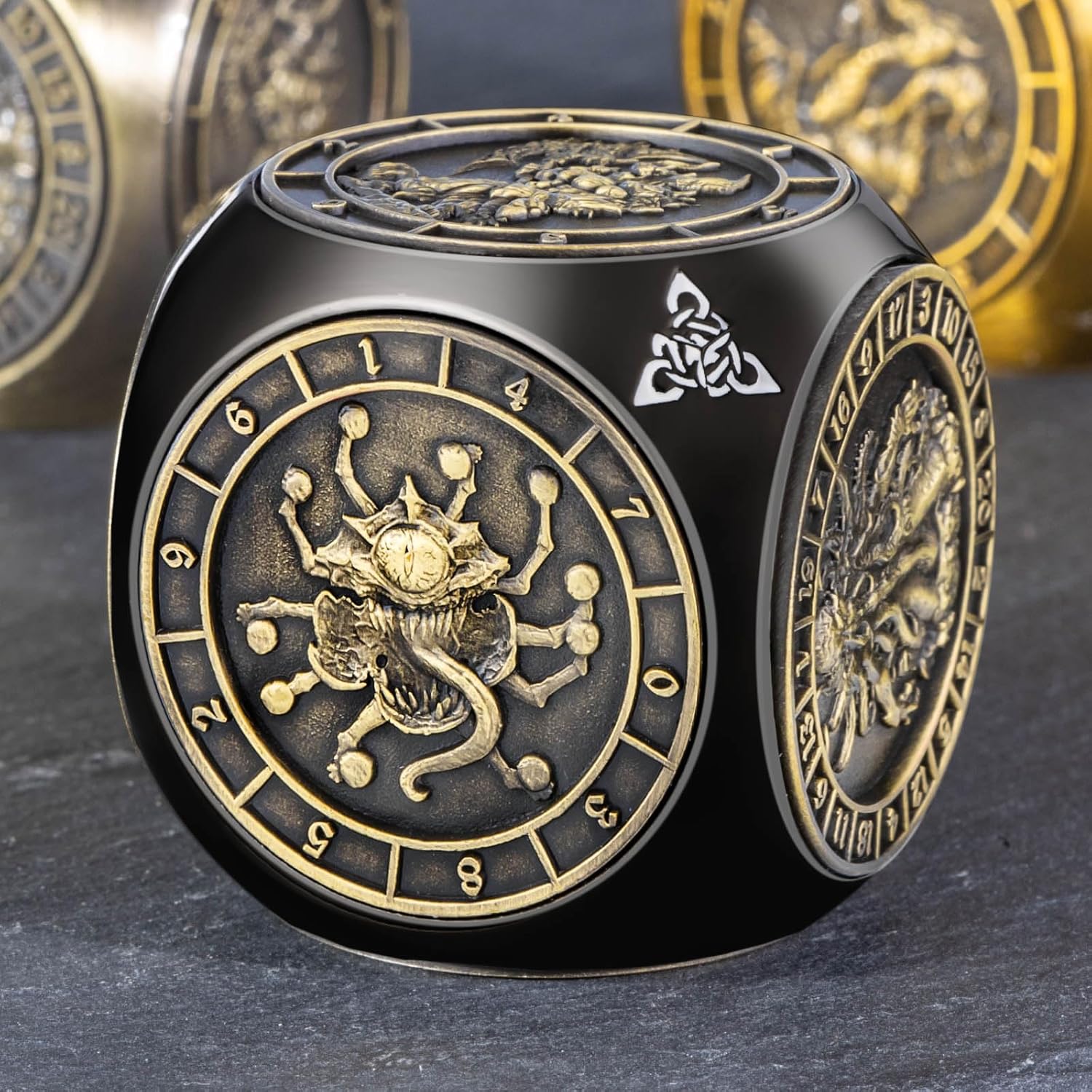 KERWELLSI 7 in 1 DND Dice Set D&D, Polyhedral Metal Spinner Dice, 3D Relief D and D Role Playing Dice with Gift Box (Black and Bronze)