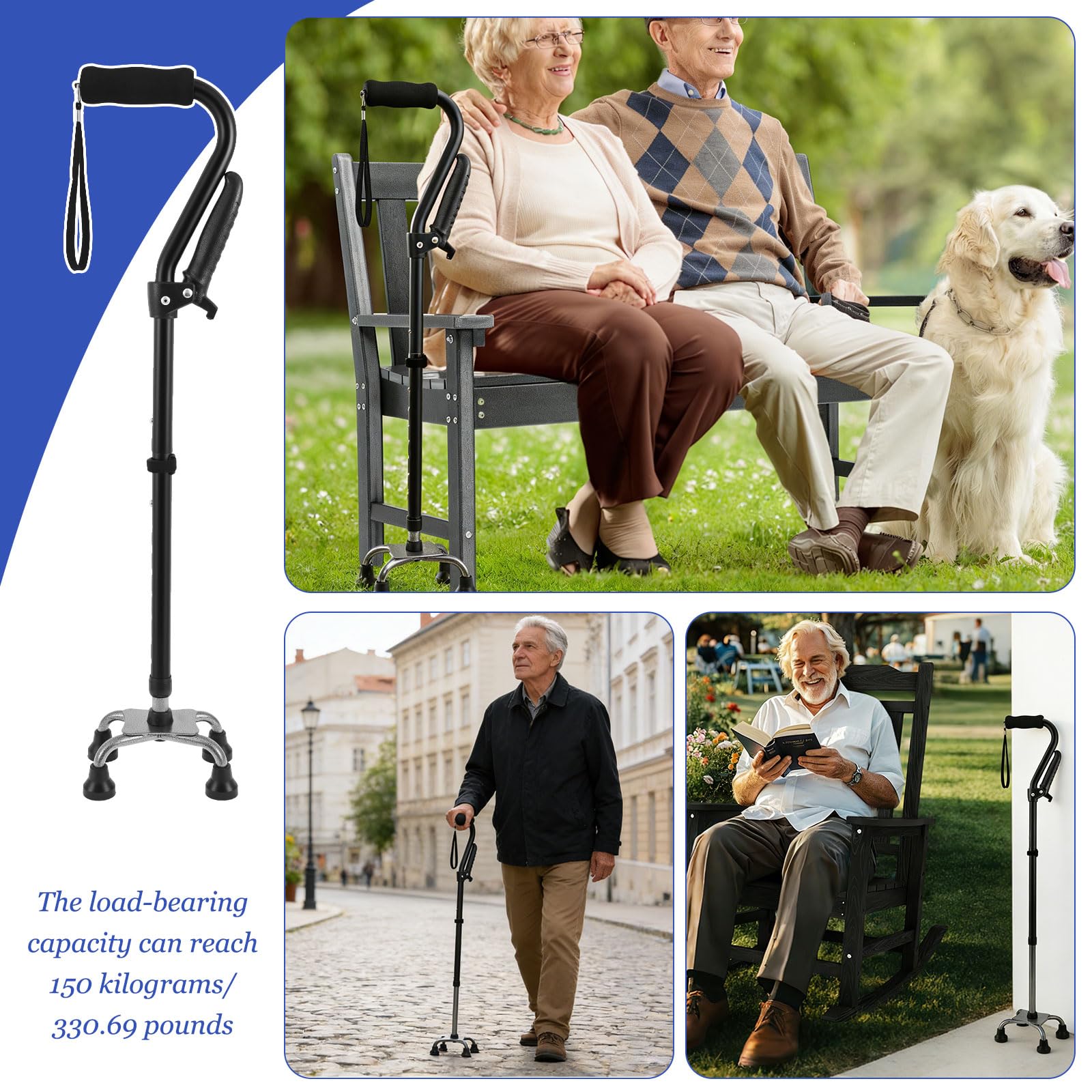 Bastón con 4 patas plegable ajustable negro aluminio | Andador de doble asa para personas mayores, soporta hasta 150 kg, base ergonómica y antideslizante, altura ajustable 76-94 cm