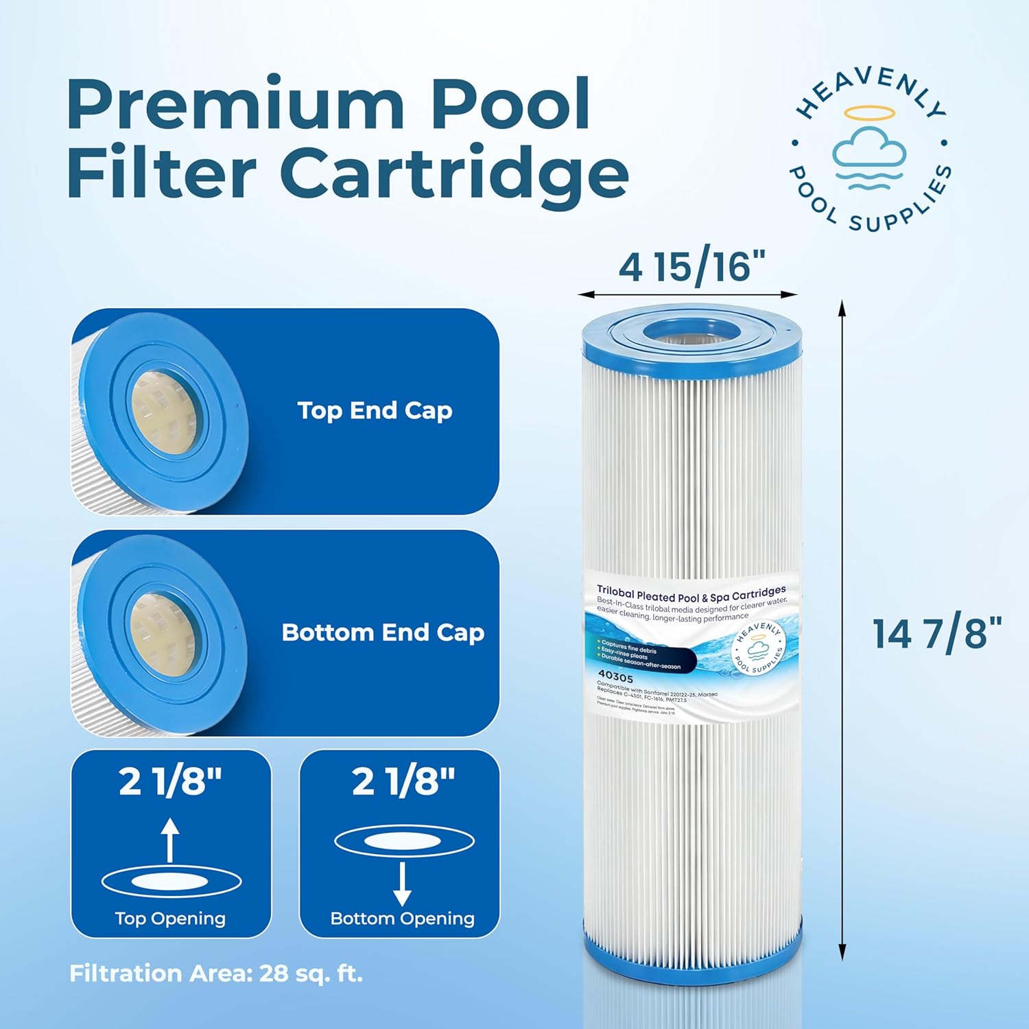 Pool, Spa & Hot Tub Filter Cartridge, Trilobal Media — Replaces Pleatco PMT27.5, PMT45, Unicel C-4301, C-4347, Filbur FC-1610, 40305, 40452 & More, Compatible with Sonfarrel 25-220122 and Martec