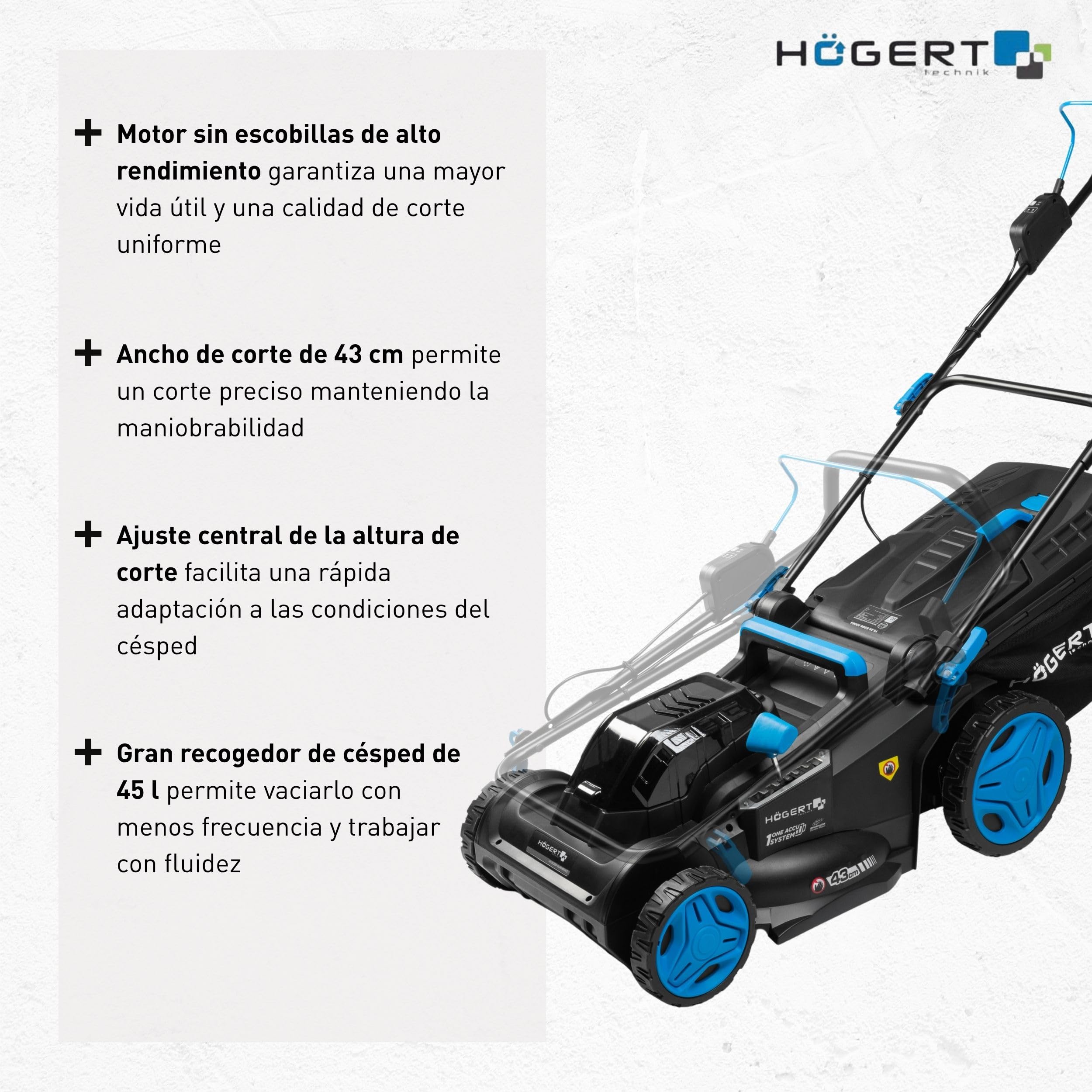 HÖGERT TECHNIK - Set cortacésped con batería 43 cm 2x18V con Taladro Atornillador 50 NM, 2X baterías de 4,0 Ah y Cargador Duo, cortacésped eléctrico sin escobillas Set Completo para jardín y Taller