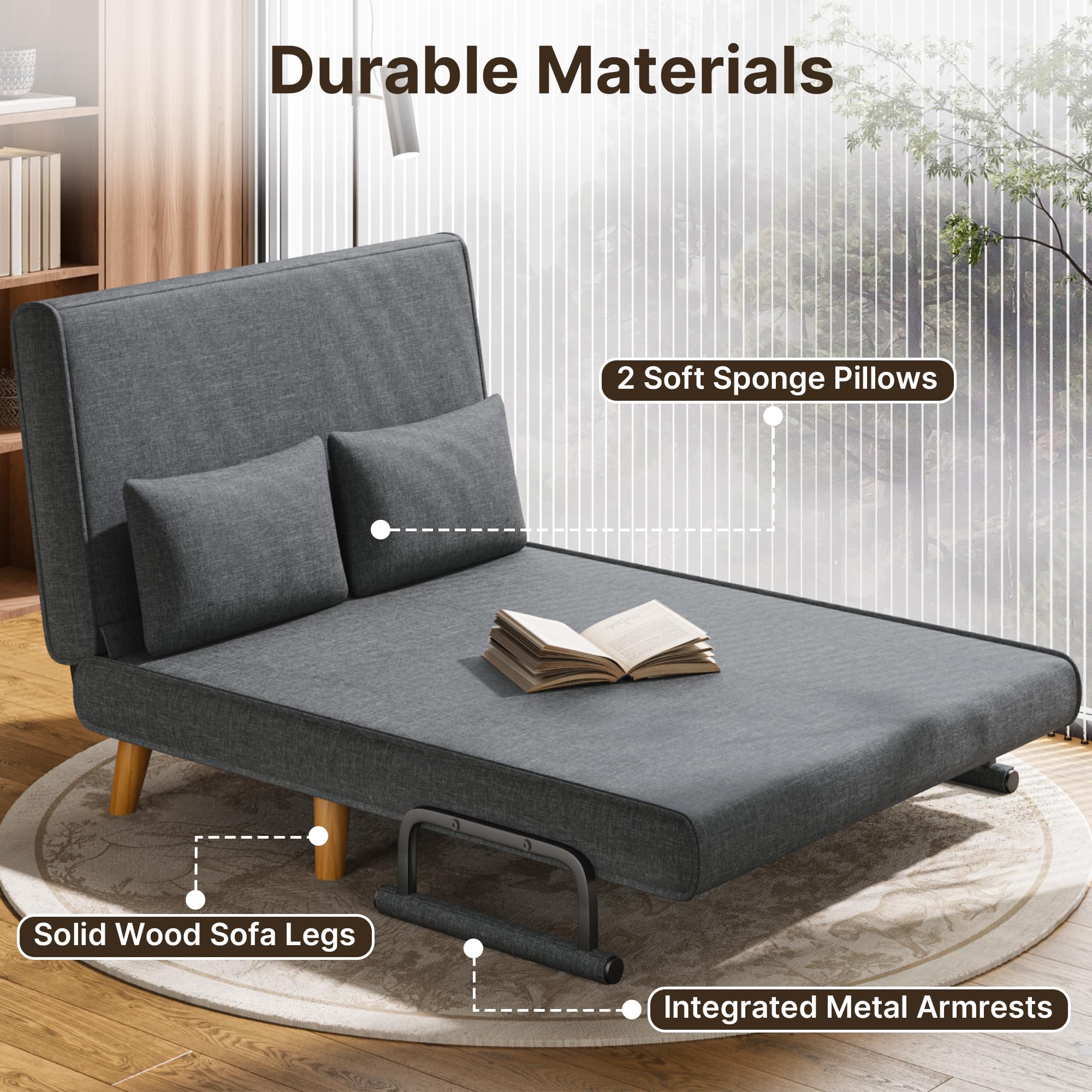Xbro Schlafsofa 2-Sitzer mit Bettfunktion, Schlafsessel mit Bettfunktion mit Verstellbarer Rückenlehne und 2 Kissen, Sessel mit schlaffunktio für kleine Wohnung (Dunkelgrau)