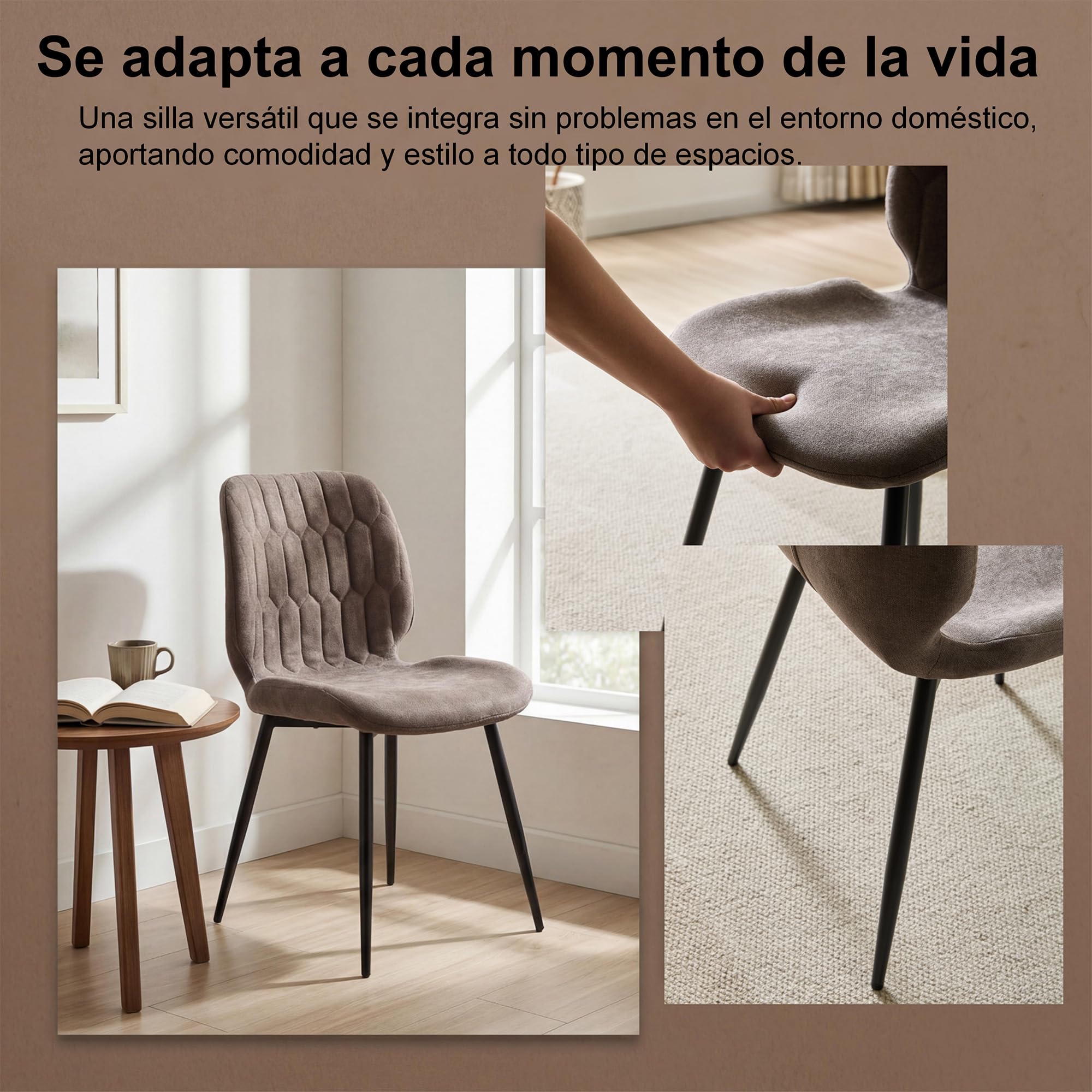 Juego de 4 sillas de Comedor de felpilla para Cocina, Asiento y Respaldo tapizados, ergonómicas, con Patas de Metal para Sala de Estar y Dormitorio, Color marrón