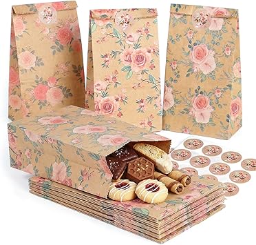 VGOODALL 24 Pack Floral Party Favor Bags with Stickers - 8.7"x4.7"x3.1" Vintage Rose Goodie Bags, for Wedding, Bridal Shower, Baby Shower & Gift Packaging 3 Designs