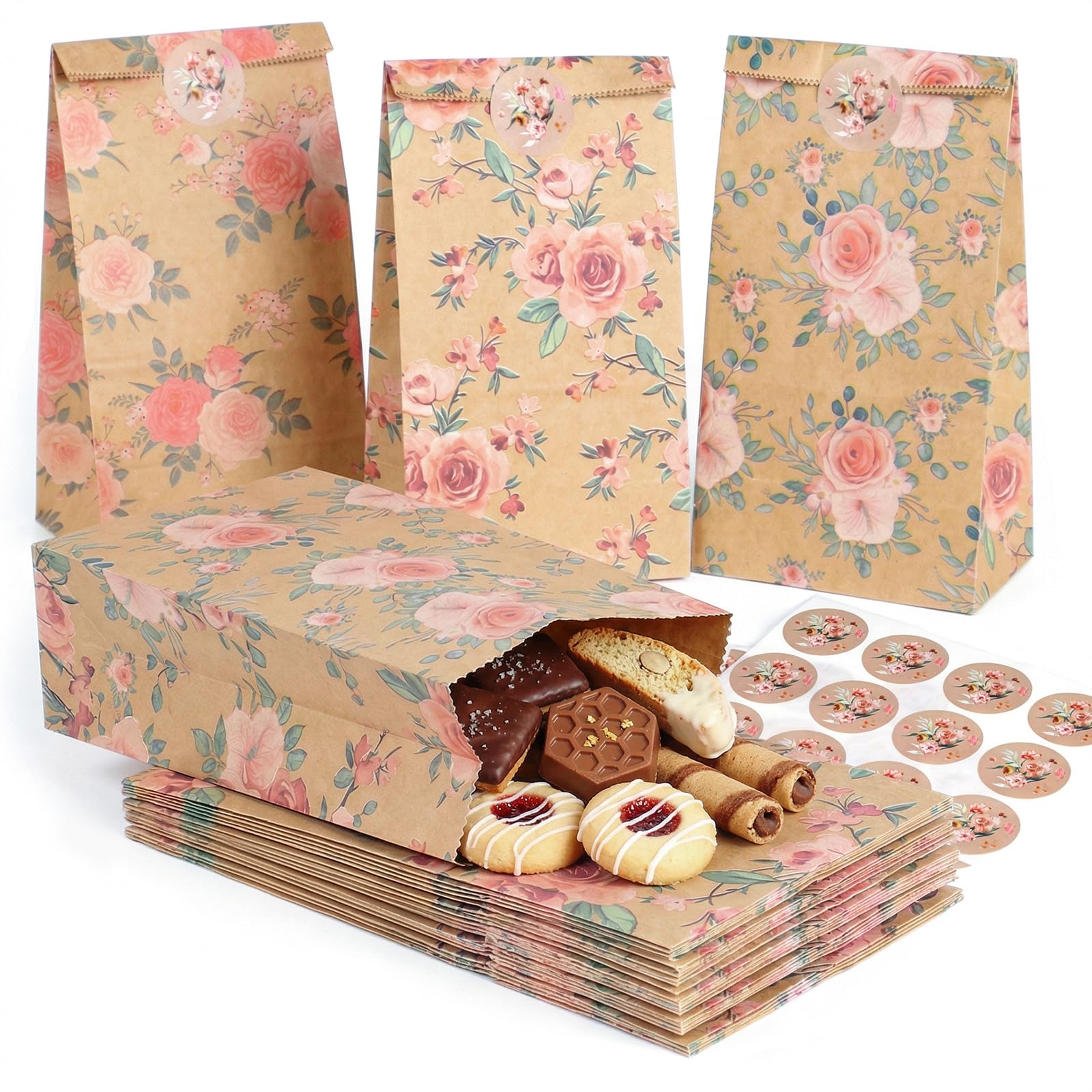 VGOODALL 24 Pack Floral Party Favor Bags with Stickers - 8.7"x4.7"x3.1" Vintage Rose Goodie Bags, for Wedding, Bridal Shower, Baby Shower & Gift