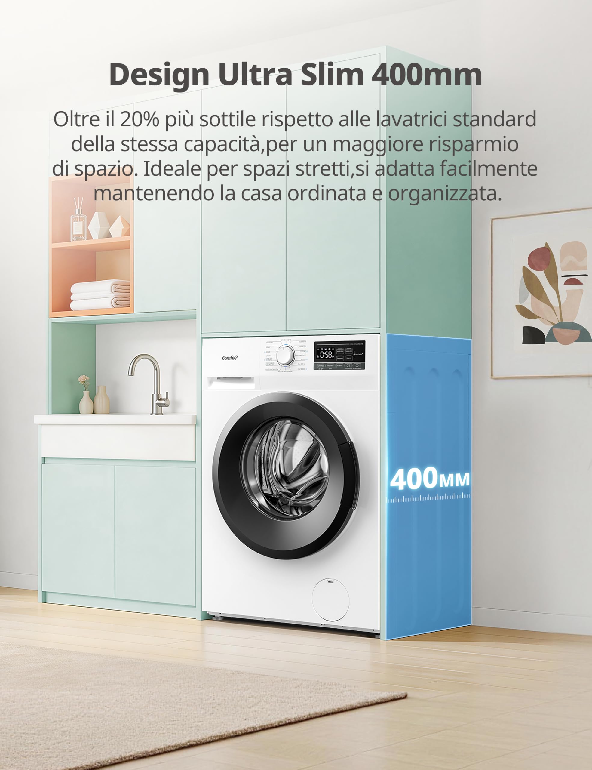 COMFEE' Lavatrice Carica Frontale 6 kg, Ultra Slim 40 cm, Classe A‑10%, 1200 giri, Vapore Igienizzante, Baby Care, Motore Inverter BLDC, 16 Programmi, Bianco – CFP01EW60W