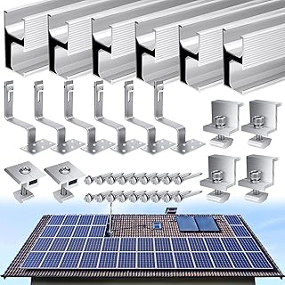 Mkitnvy Support pour Panneau Solaire, Fixation Panneau Solaire pour Toit Plat, Montage Mural, Bateau, Camping-car (6 Rail+ 6Crochet de Toit+ 4Pince D'extrémité+ 2Pince Centrale+Vis)