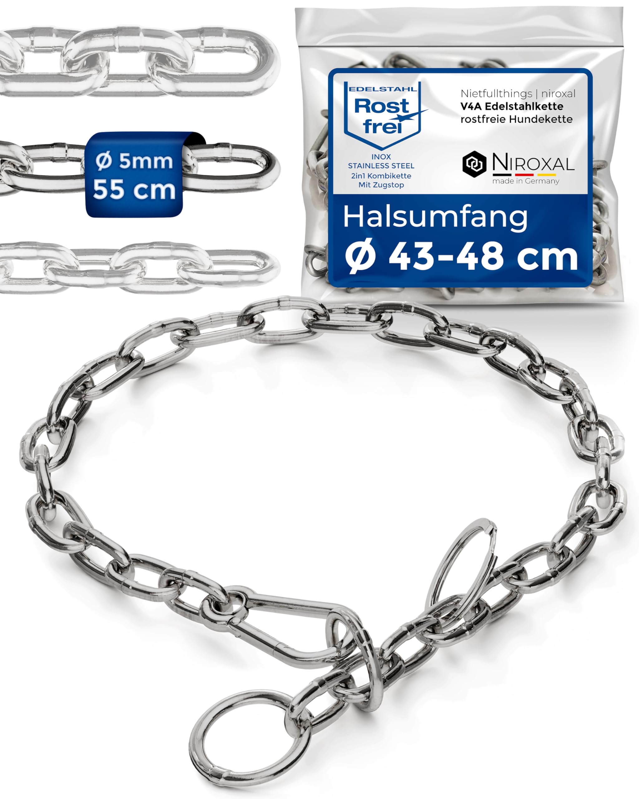 Dog Training Chain Collar with Pull Stop Stainless Steel Short Link Dog Chain 5 mm, Total Length 55 cm