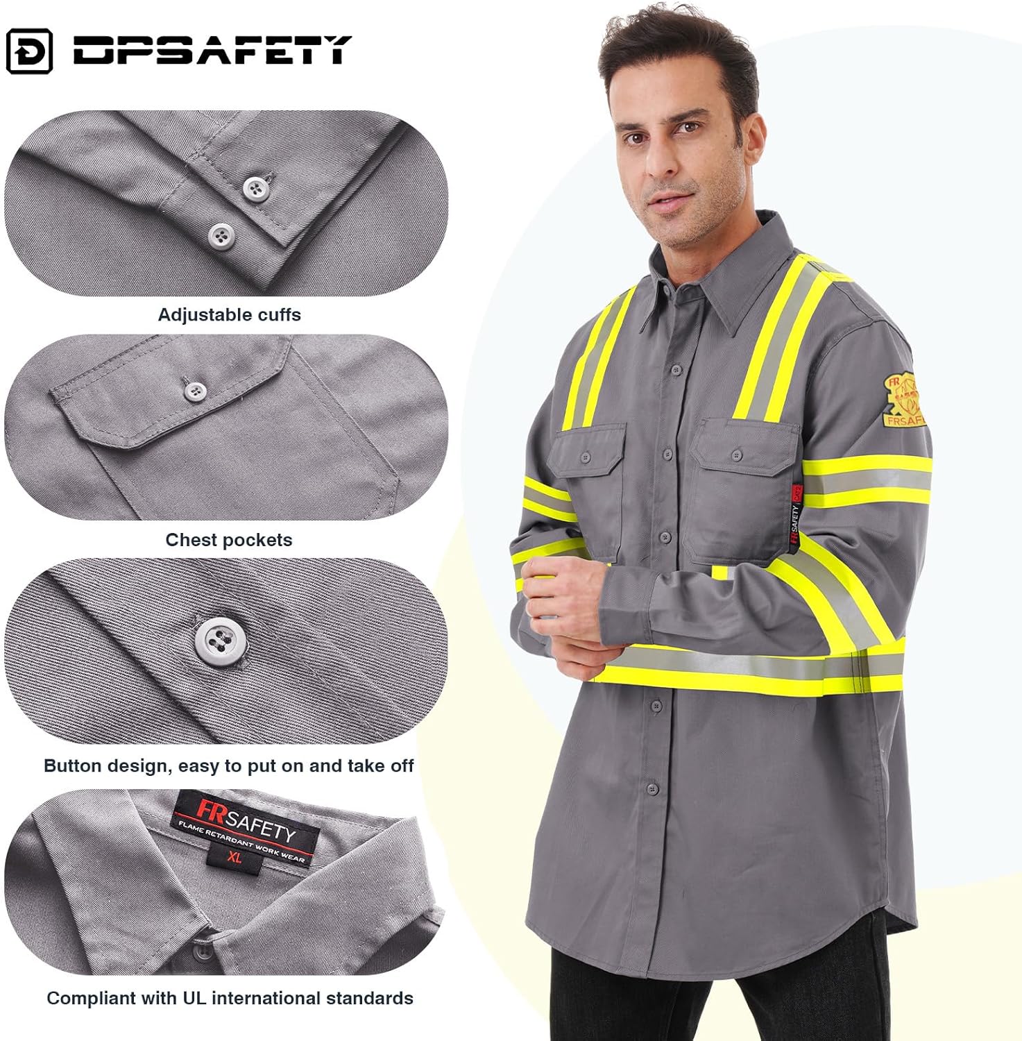 FR Shirts for Men 7oz High Visibility Fire Resistant Shirts CAT2 Welding Shirt 100% Cotton Hi Vis Flame Resistant Shirt Light Gray(Medium) - Image 5