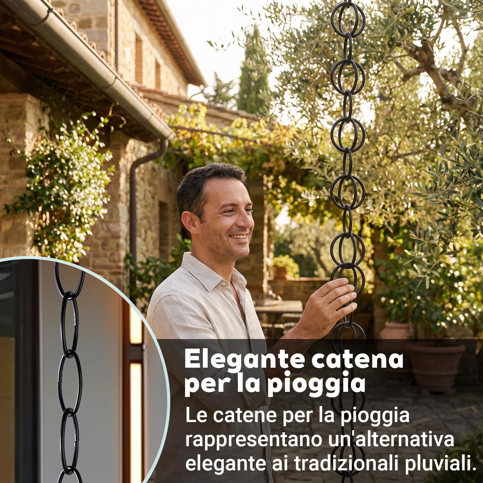 Catena Pluviale Giapponese in Rame per Drenaggio, Resistente all‘Inverno, Ideale per Barile di Pioggia, Nero (2.2m)
