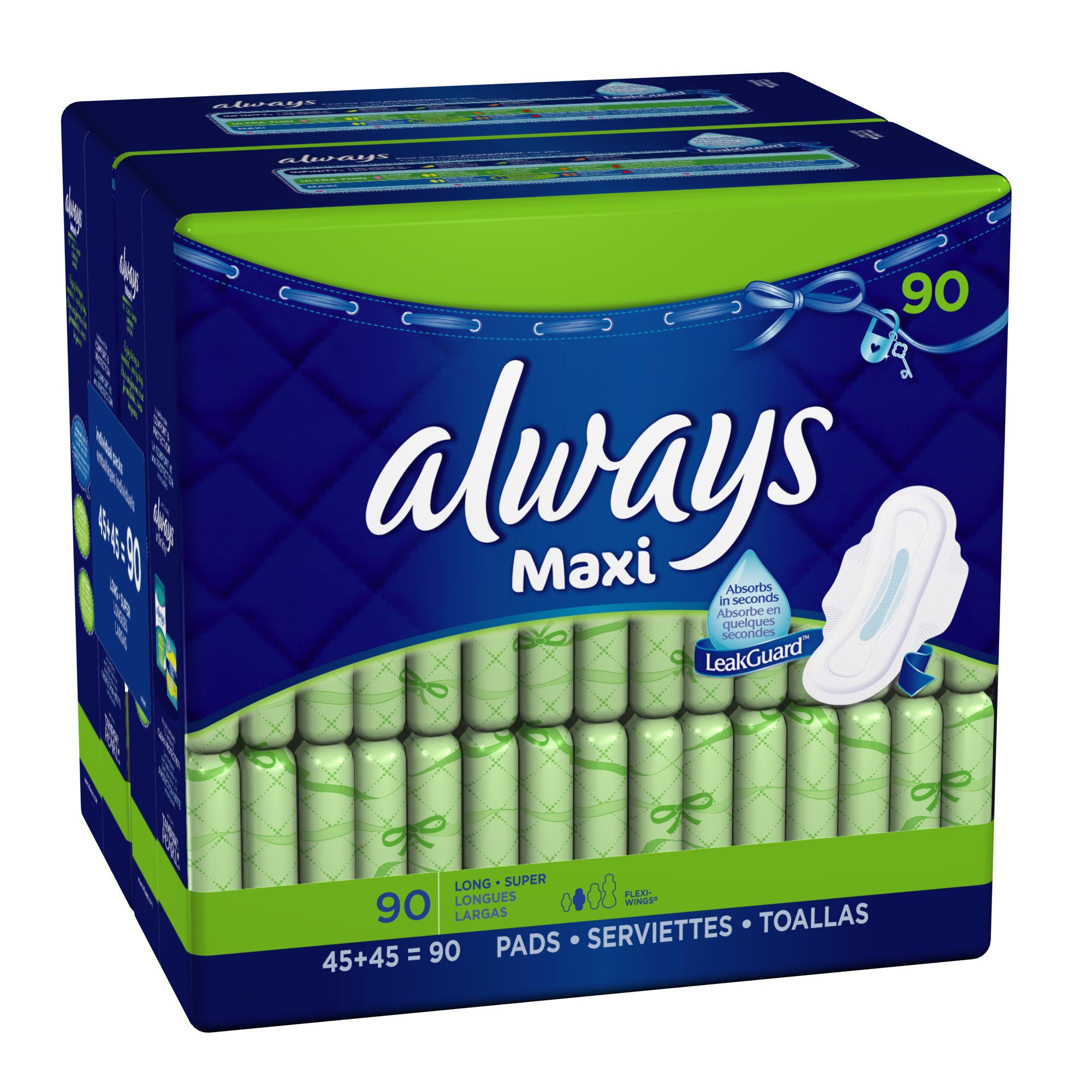Always Maxi Long/Super With Wings, Unscented Pads 90 Count
