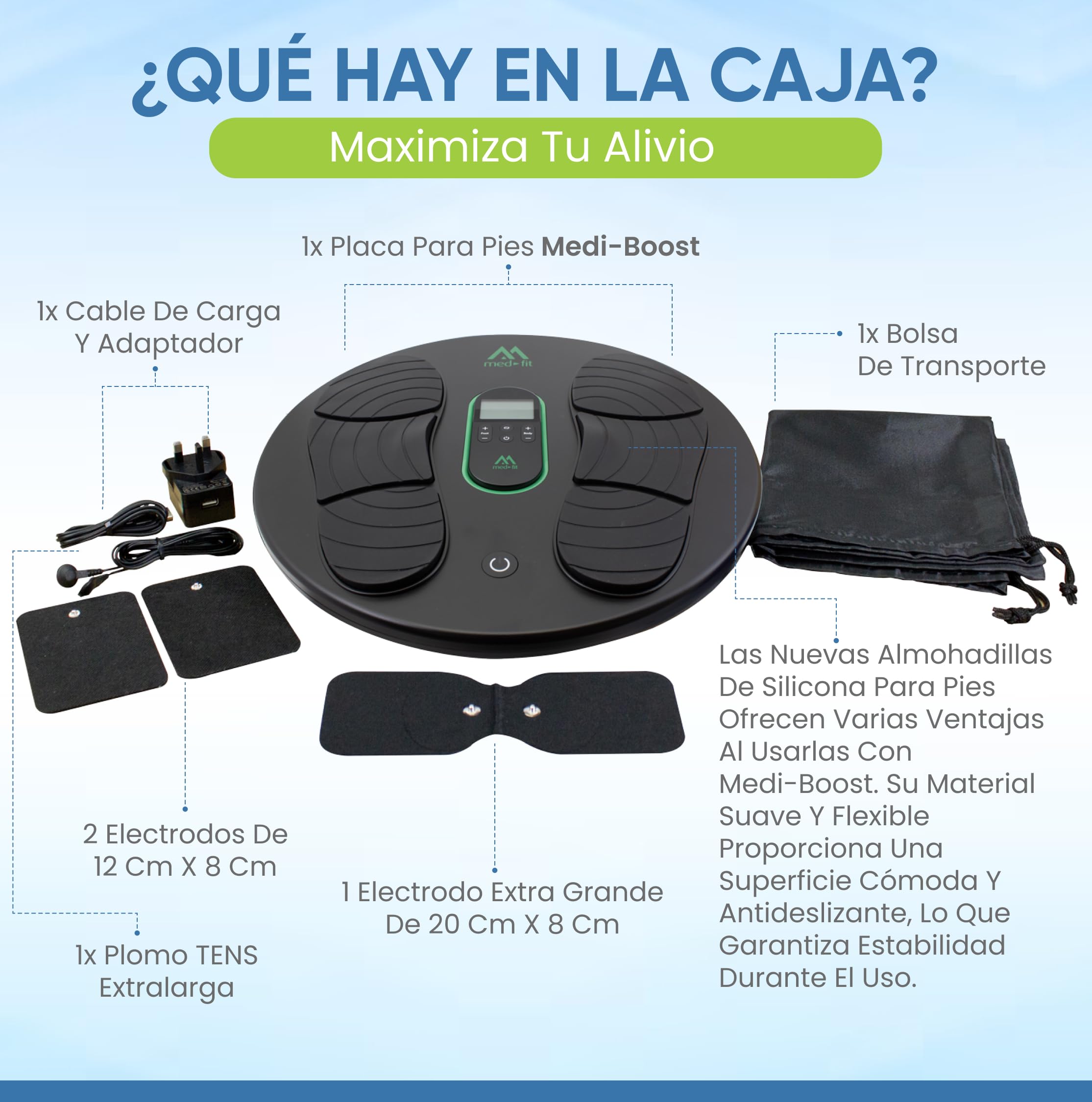 Máquina de circulación para pies Med-Fit Medi-Boost EMS y TENS | Alivia el dolor de piernas, los tobillos hinchados y la neuropatía | 18 programas, mando a distancia de doble canal | Almohadillas para