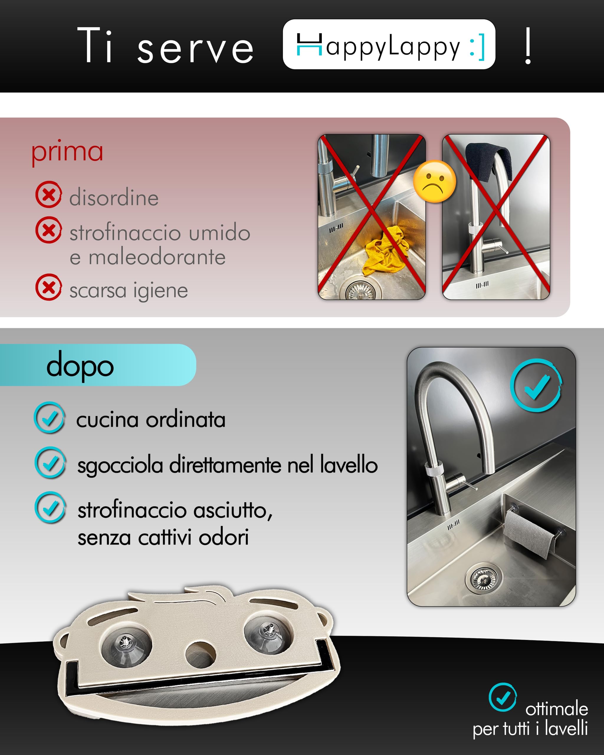 snagger HappyLappy Supporto per Panno da Lavello | Porta Spugna con Ventosa senza Fori né Colla | Design Elegante | Organizer da Cucina, Finitura Acciaio Inox