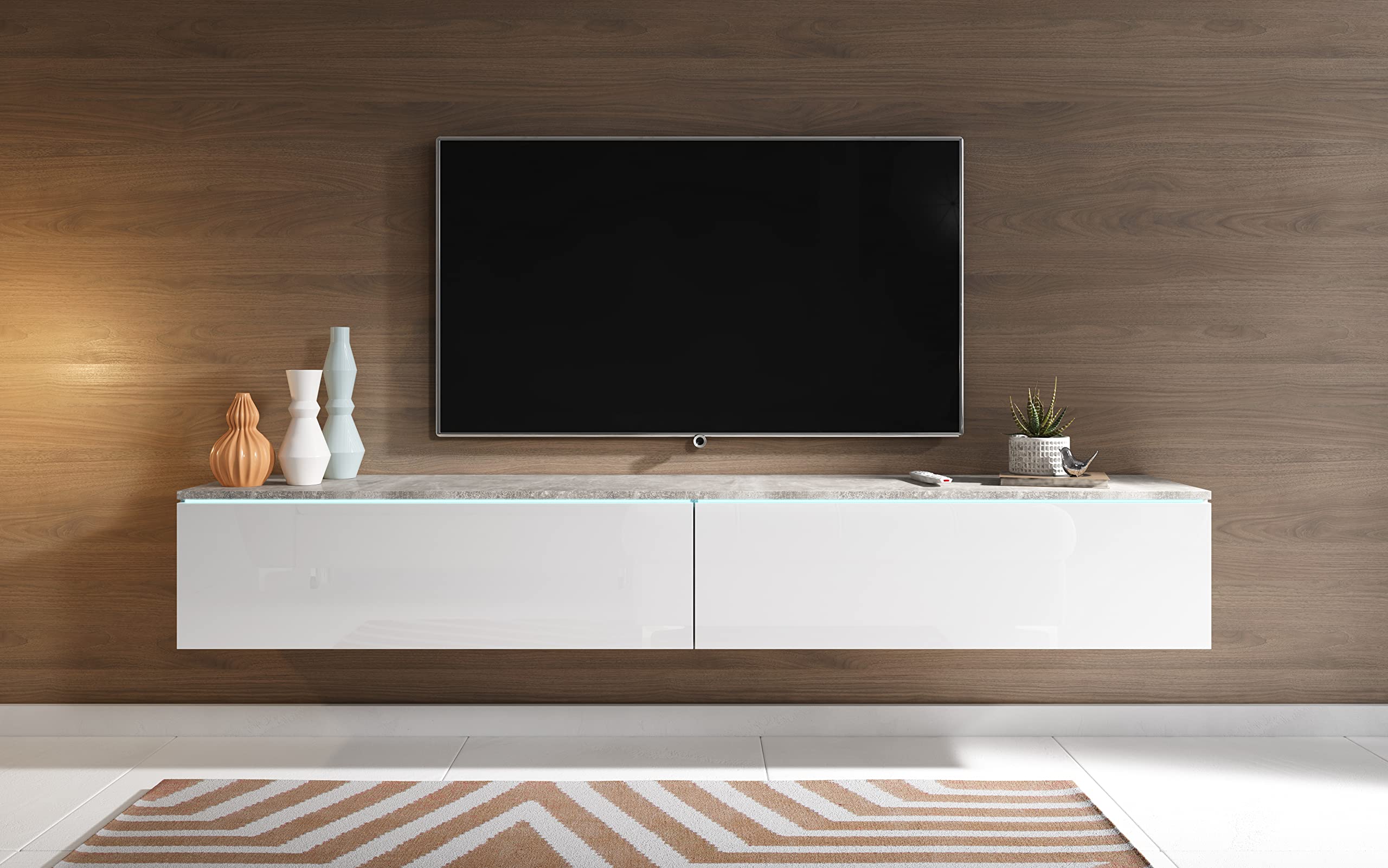PIASKI Lowboard D 180 cm, bianco cemento, illuminazione a LED opzionale