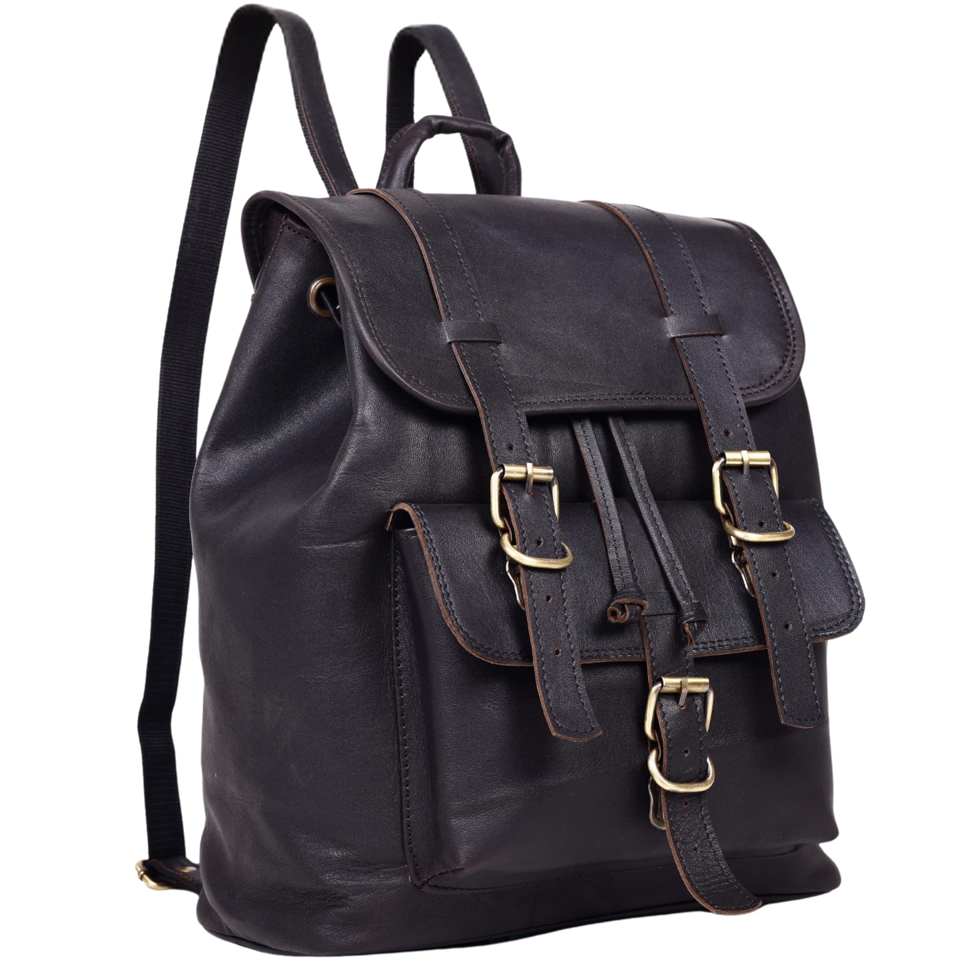 Lakshigo Handcrafted Real Leather Backpack Purse – 14" Vintage Rucksack Ladies Leather Bookbag for Work, Travel & Everyday Use (Black)