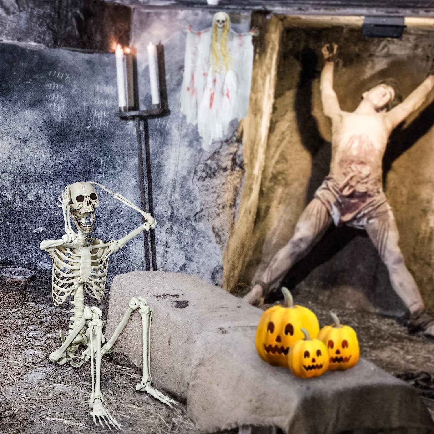 165 cm Halloween Taille réelle Squelette Corps Entier os avec articulations Amovibles Party Prop Horreur cimetière Maison hantée pelouse Cour décoration (165cm Updated)