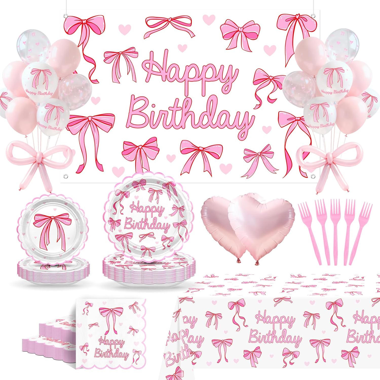 Pink Bow Birthday Decorations: Scalloped Bow Plates Napkins Tablecloth Tableware Set Banner Balloons for Girl All-in-1 Coquette Birthday Decorations Party Supplies Serve 24