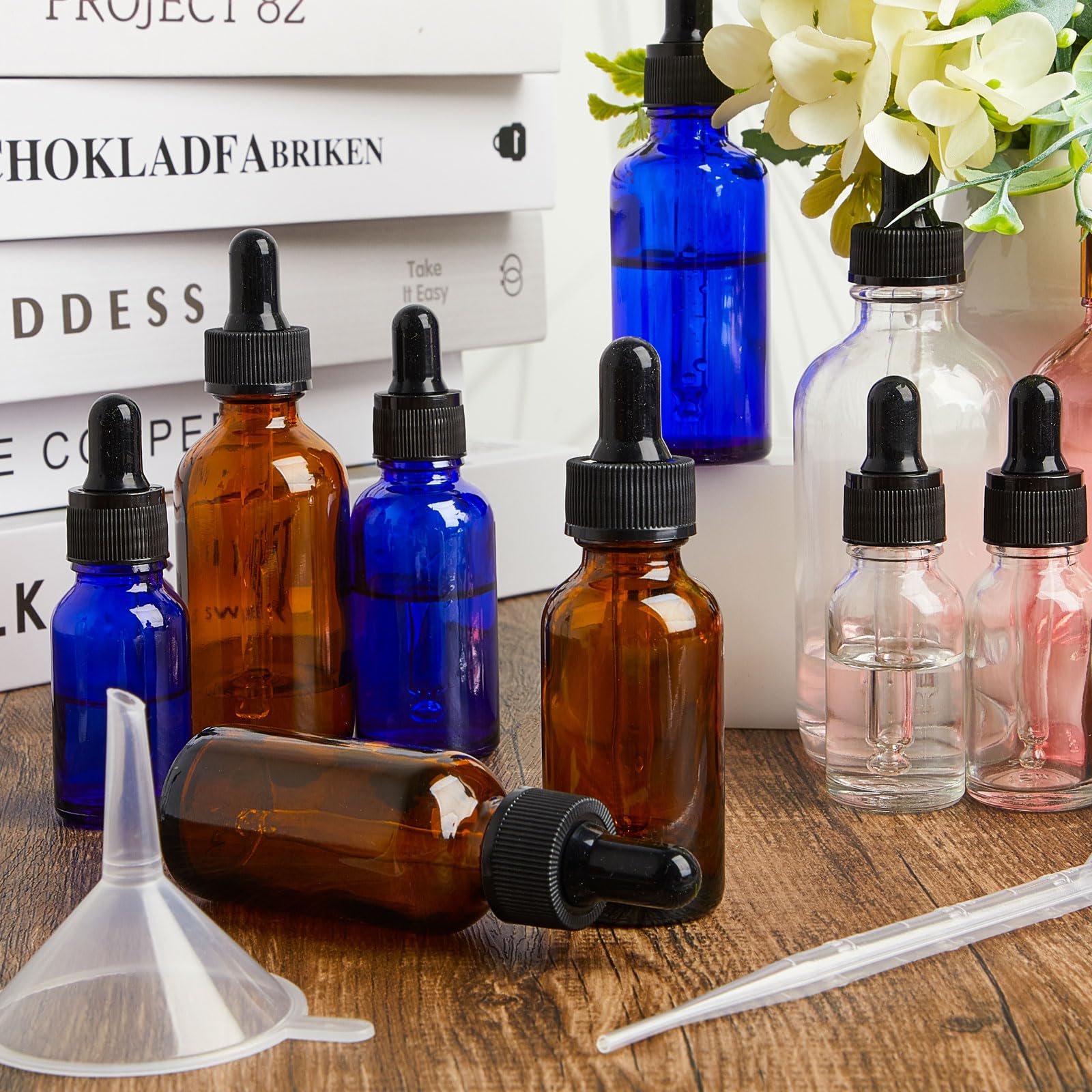 Lallisa Tropfflaschen für ätherisches Öl, 30 ml, Glas-Tropfflaschen mit Augentropfenspender, Tropfflasche mit 5 Trichtern, 5 Pipetten, 3 ml, 100 Etiketten für ätherisches Öl, Parfüm (Bernstein), 100
