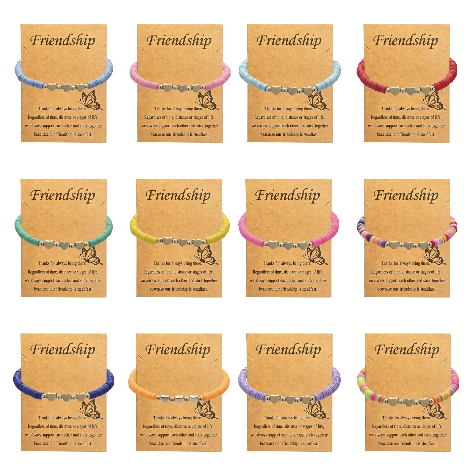 12 Pcs Friendship Bracelets for Girls, Adjustable Colorful Heart Beaded Bracelets with Thank You Wish Cards , Party Bag Fillers for Women