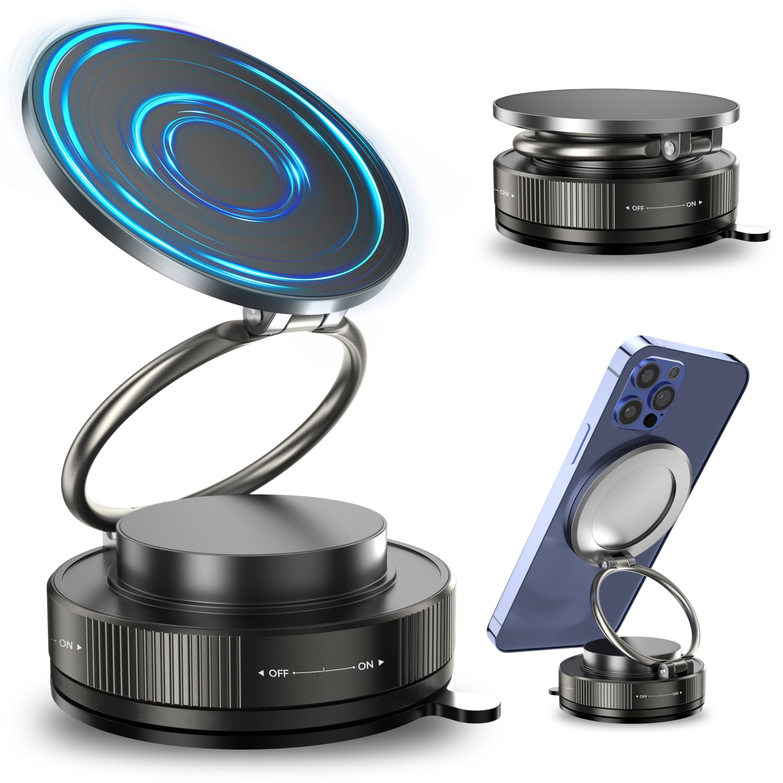 Car Phone Holder, 96LBS Ultra Vacuum Suction Cup & 2800gf Strong Magnetic, 360° Adjustable Reinforced Car Mount,Compatible with iPhone & Android for Car/Gym/Mirror(Zinc Alloy)