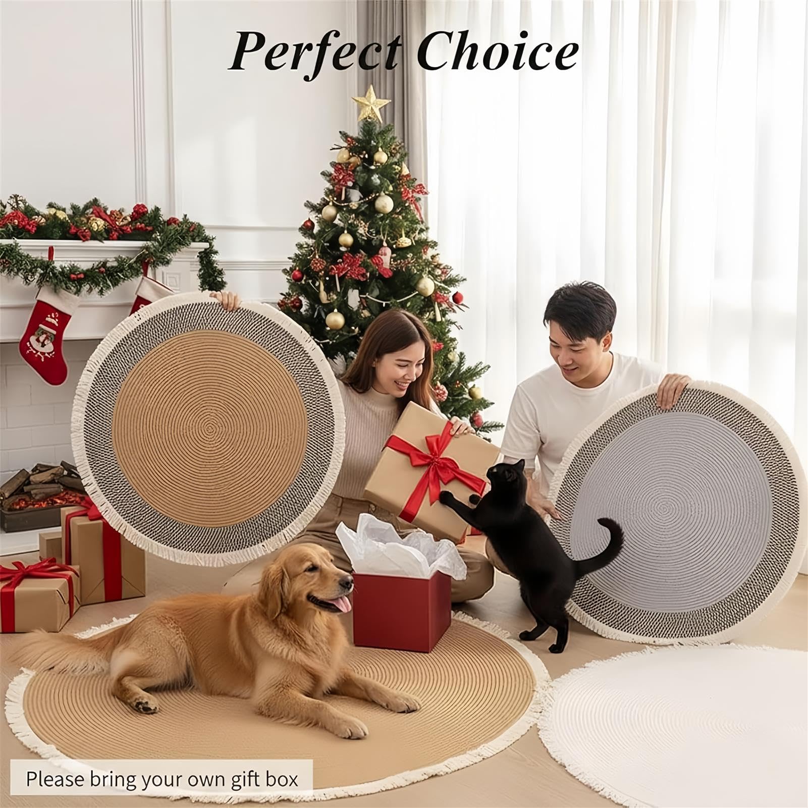 Alfombra de cuerda de algodón, lavable, redonda, reversible, con borlas, para gatos, suave, elegante, para el hogar, solución para rascar