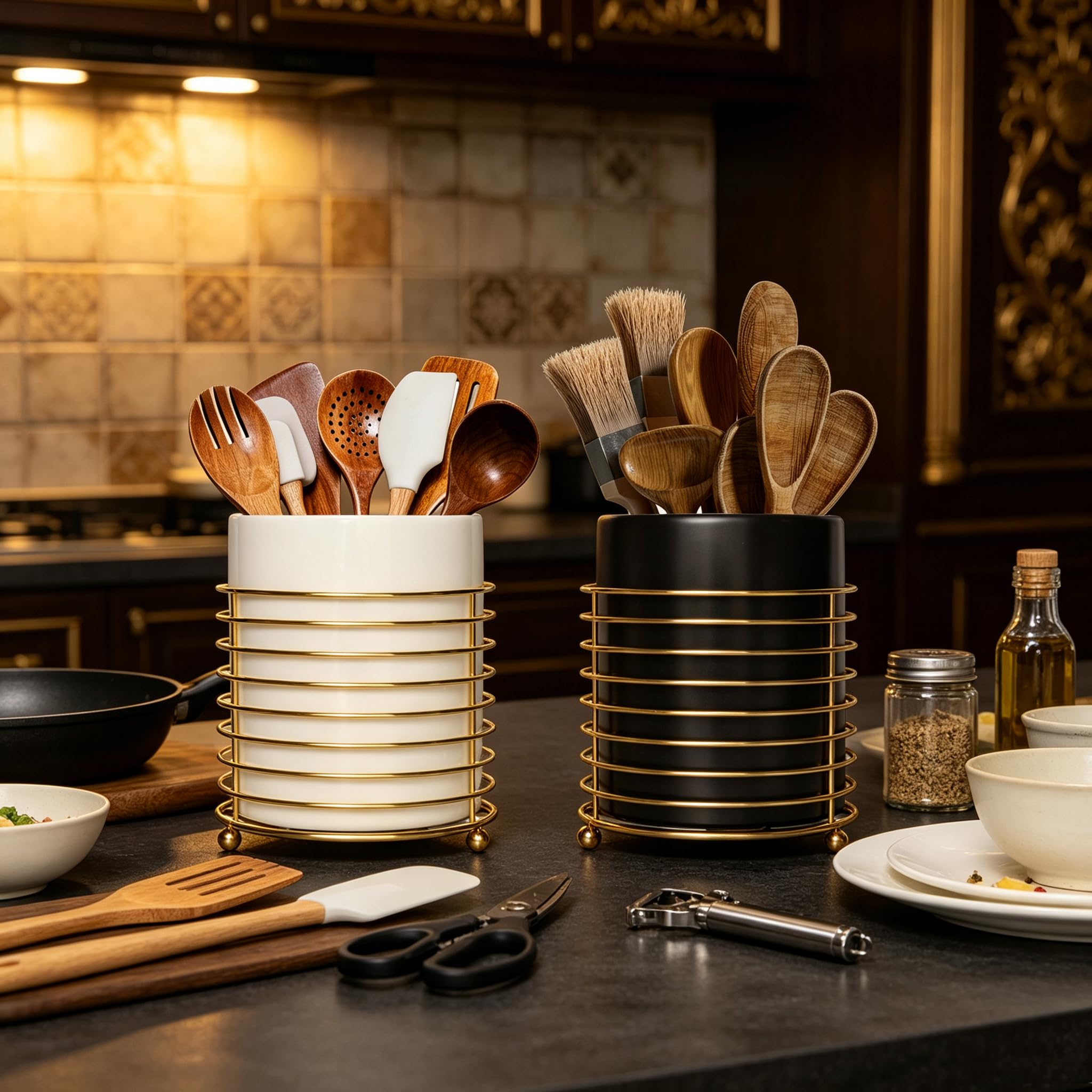 Support pour ustensiles de cuisine pour comptoir, porte-couverts en céramique avec support annulaire, rangement pour accessoires de cuisine (Noir)