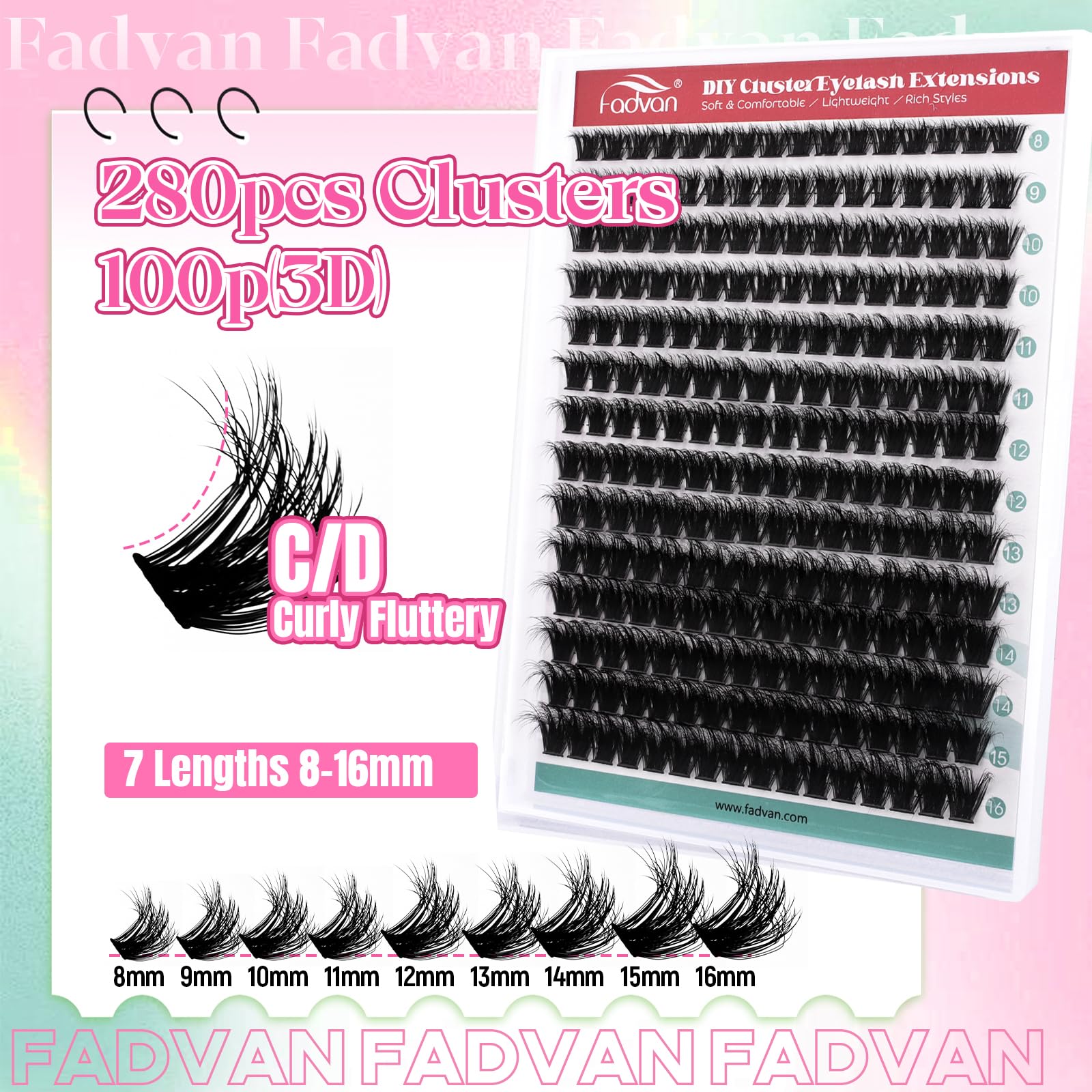 FADVAN Ciglia Finte Ciuffetti Clusters 280Pcs 100D Mix 8-16mm Volume Fai Da Te Extension Ciglia Finte Individuali Naturali DIY(100D-0.07D Curl)