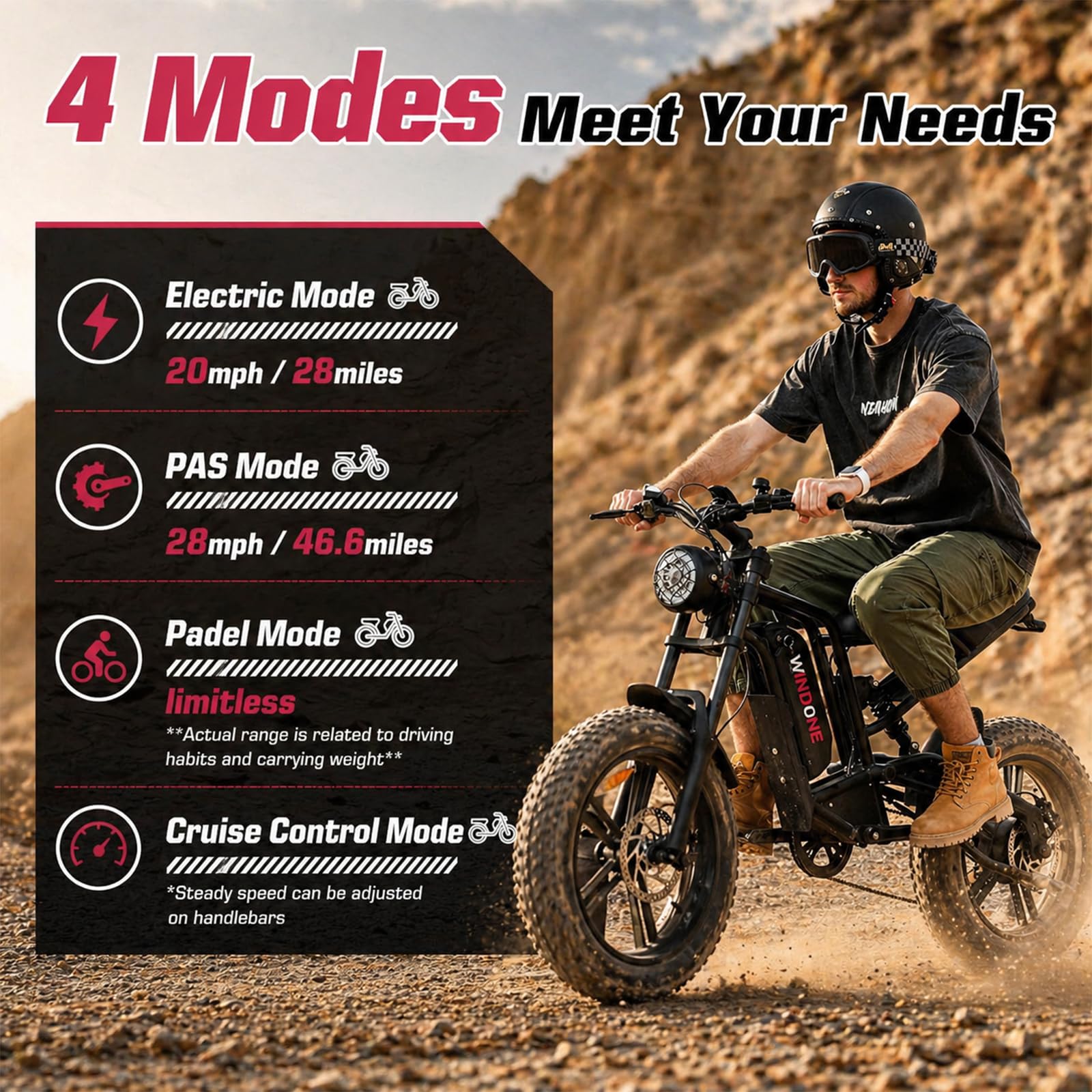 Windone E2 Electric Bike for Adults - 1000W Peak 20" Fat Tire Electric Dirt Ebike, Up to 32KM/H, 75KM Range, 48V 13Ah Removable Battery, Moped Style All-Terrain E Bike for Commuting & Off-Road - 5