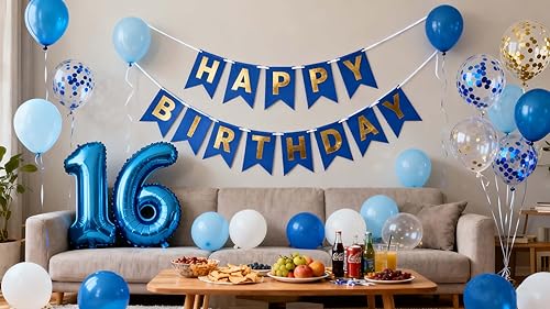 Miniatura 24 de Decoraciones de cumpleaños número 10, color azul para niños y niñas, pancarta de feliz cumpleaños número 10, globos de papel de aluminio de látex