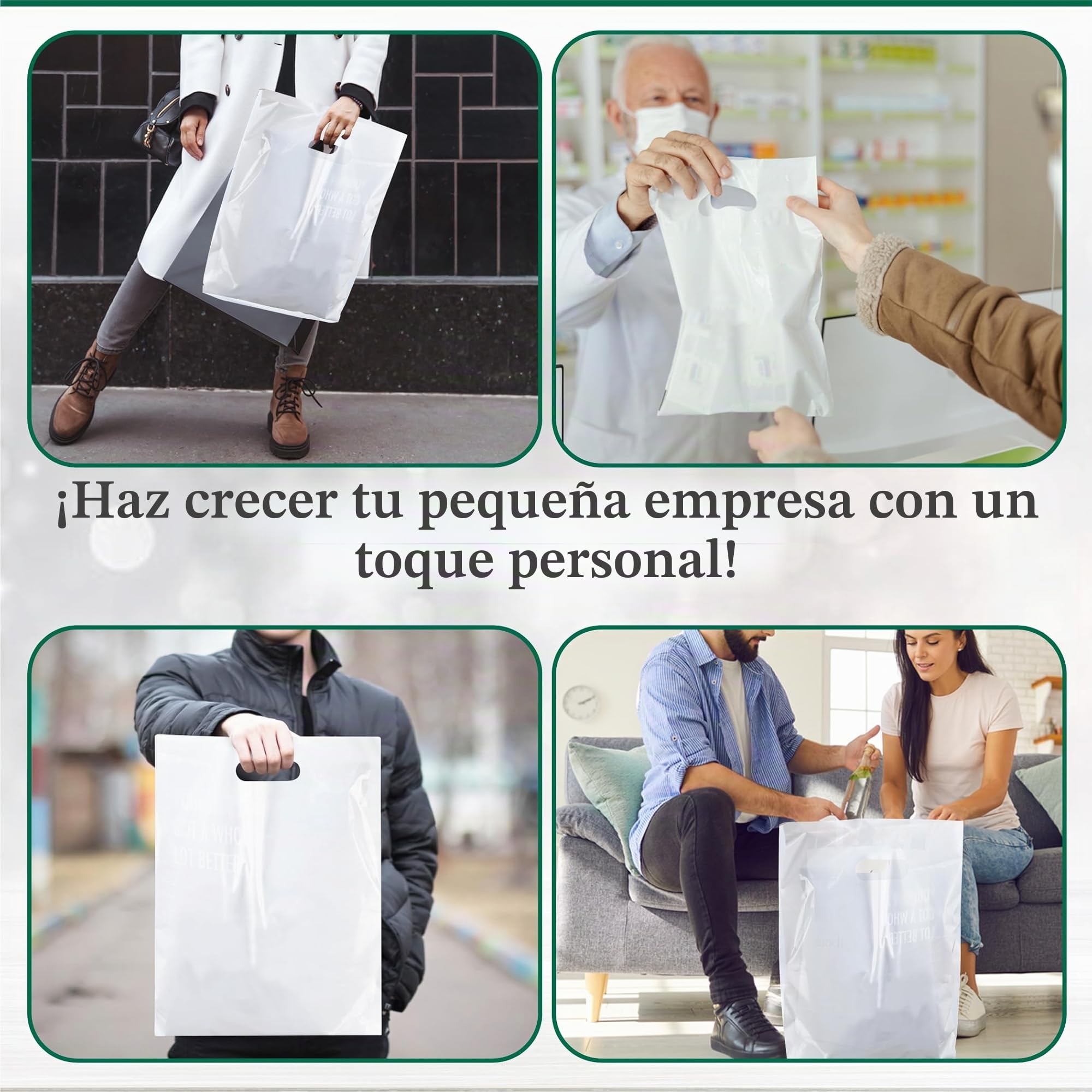 100 bolsas de transporte con asa de parche blanco | Bolsas de tamaño grande de 15 x 18 + 3 pulgadas para compras, comestibles, regalo, boutique, supermercado, dinero en efectivo y