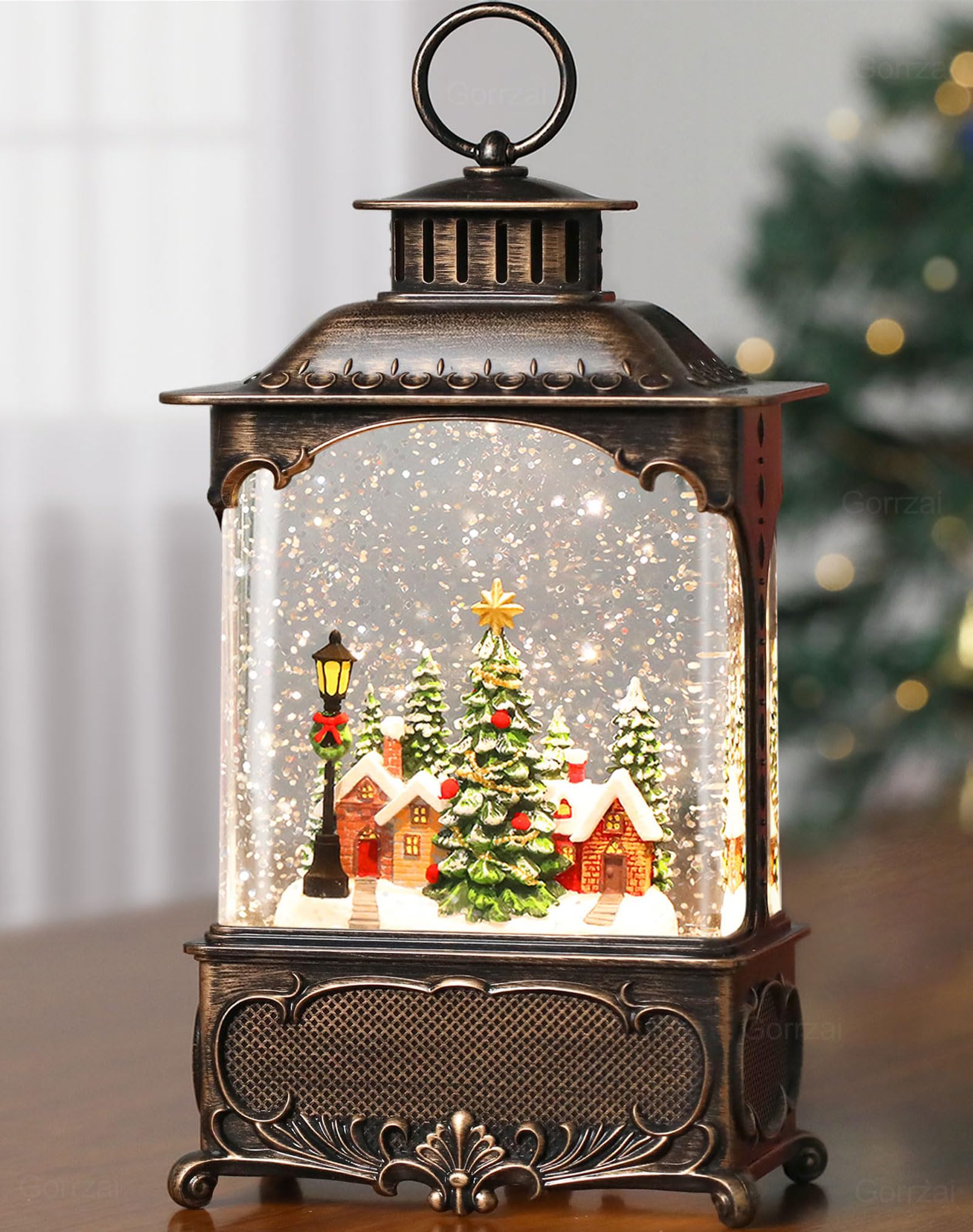 Christmas Snow Globe Lantern with Music Timer Swirling Glitter, Lighted Christmas Decorations Indoor Light Up Musical Lantern Holiday Decor Gift, Forest House Scene, USB or Battery Operated