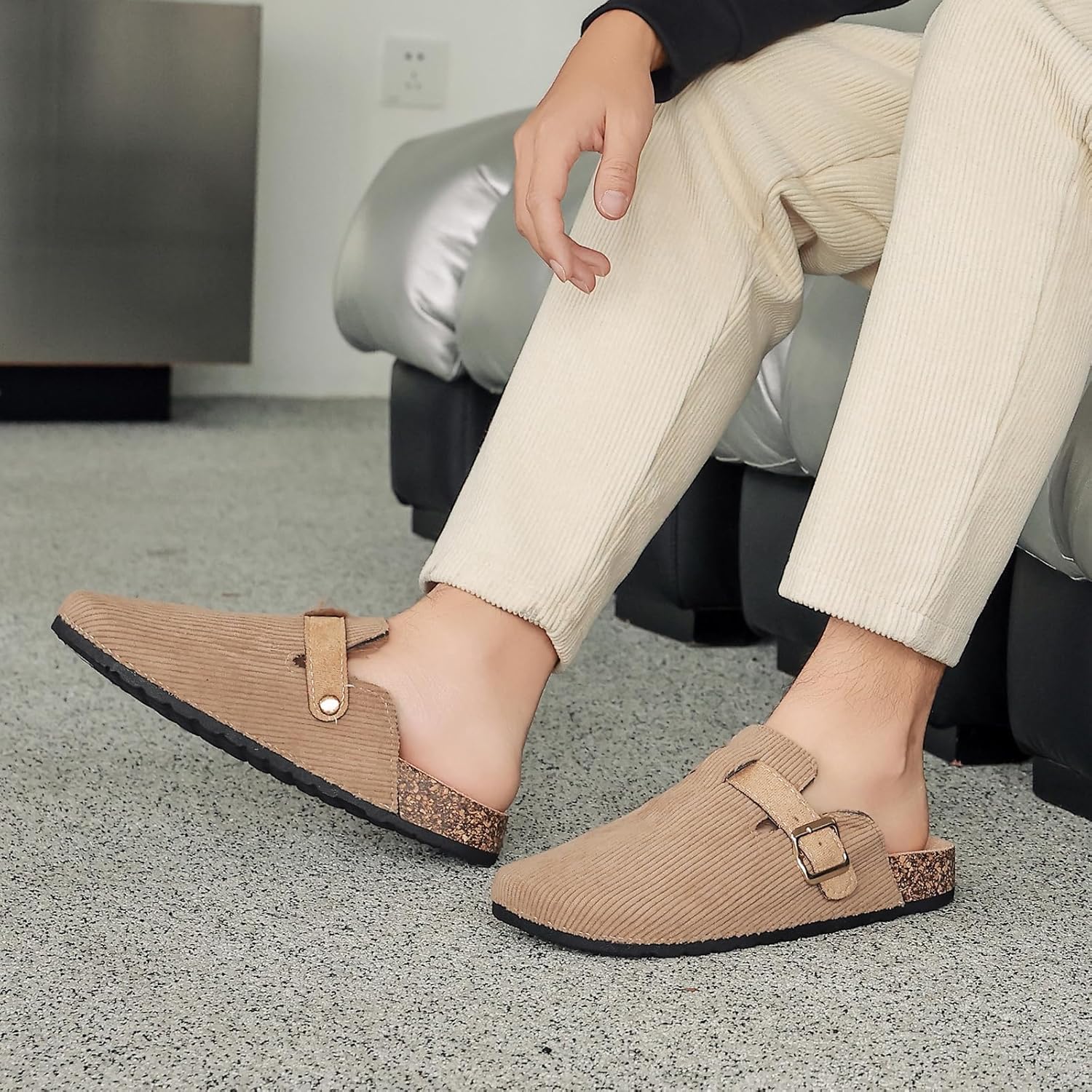 YorFotMae Suede Clogs for Women Faux Leather Fur lining Mules with Back Strap Cork Footbed Slippers Memory Foam Arch Support Sandals Slip On Comfort Warm Fuzzy Potato Shoes Men with Adjustable Buckle - Image 6