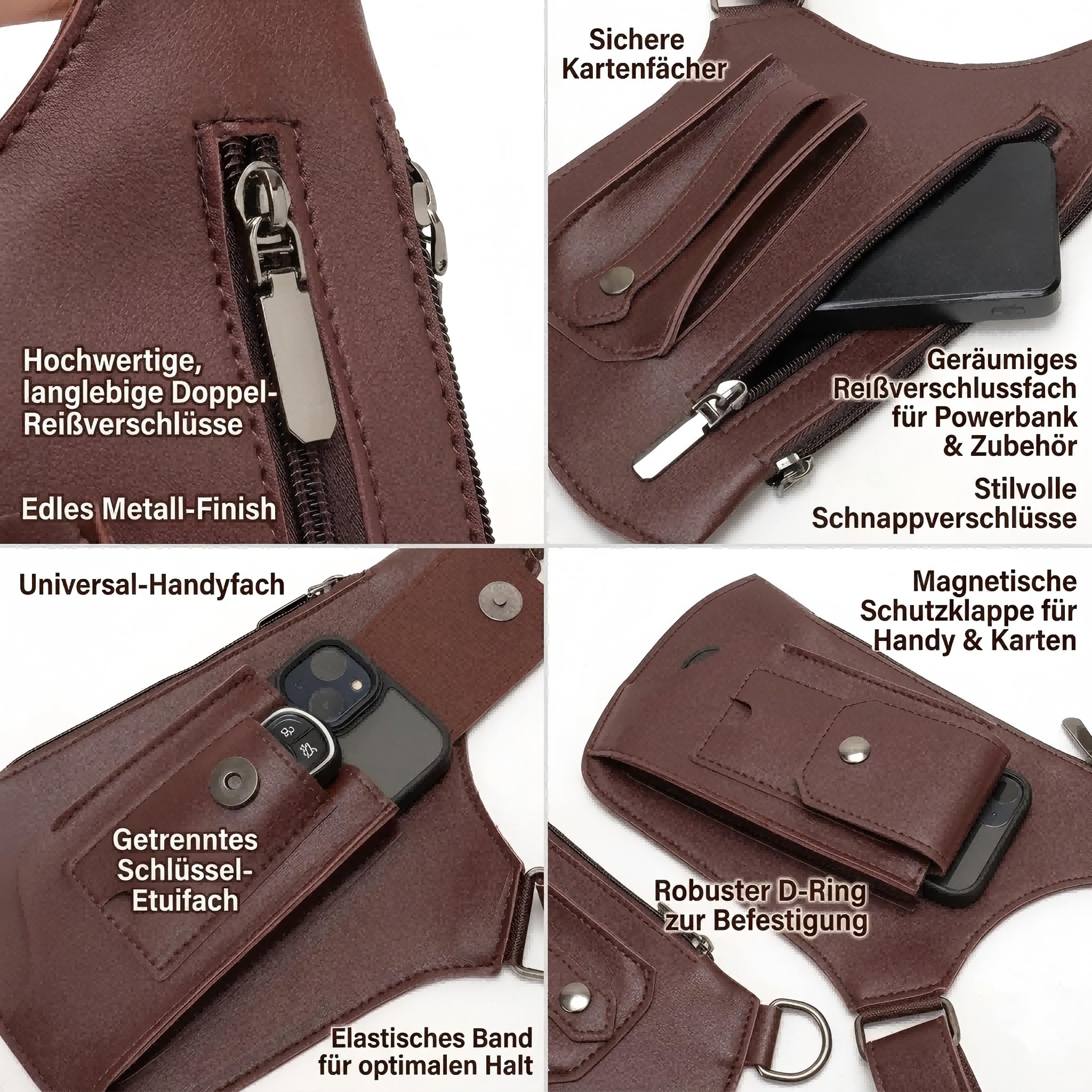 Bolso de hombro y antebrazo para hombre de piel antirrobo, diseño con varios bolsillos y correas de hombro ajustables ocultas
