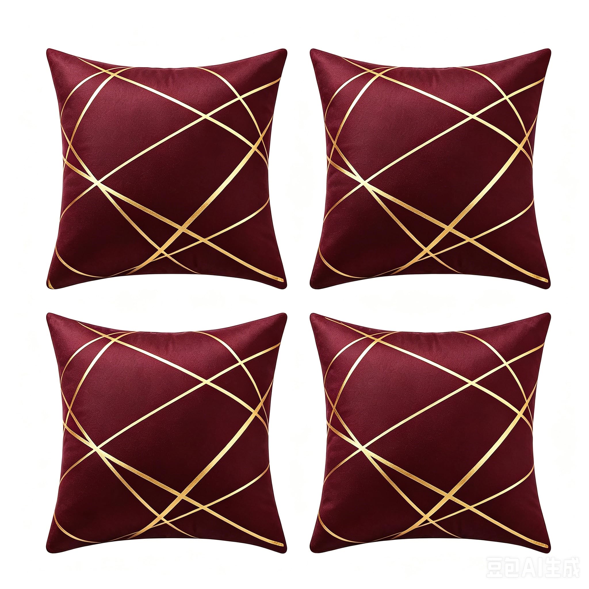 TAOSON Pack of 4,Velvet Cushion Cases Decorative Gold Foil Geometric Lines Pattern Throw Pillow Covers for Modern Homes Couch Sofa Bedroom Living Room 18 x 18 Inches Wine Red