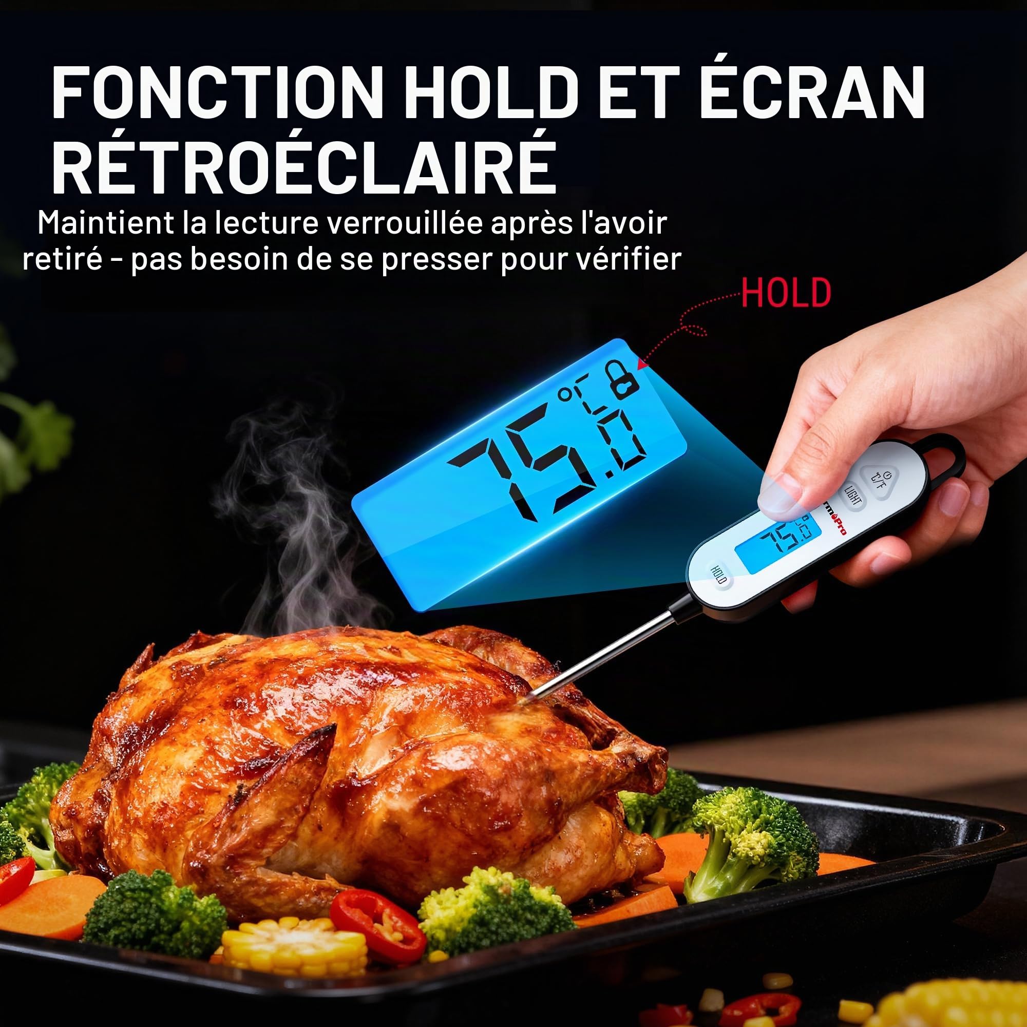 ThermoPro Thermomètre à viande numérique avec sonde pliable - Thermomètre de cuisson pour fumoir, barbecue