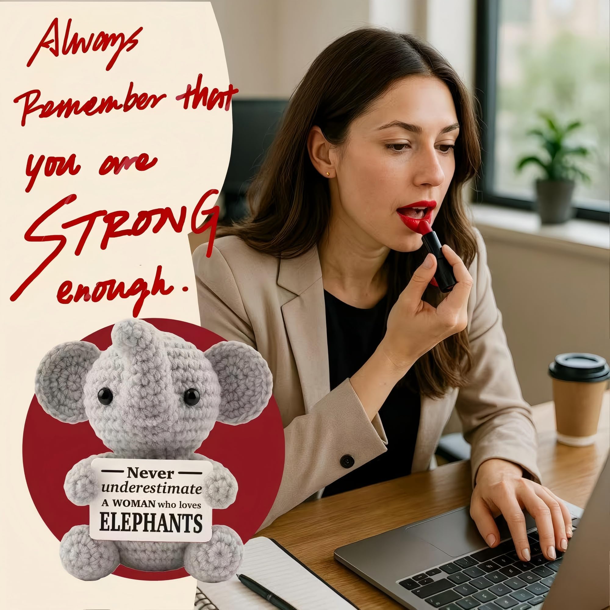 Elephants Gifts for Women, Emotional Support Animal for Mom Sister, Inspirational Friendship Crochet Gifts for Coworkers Friends Christmas Funny Positive Stocking Stuffers Secret Santa