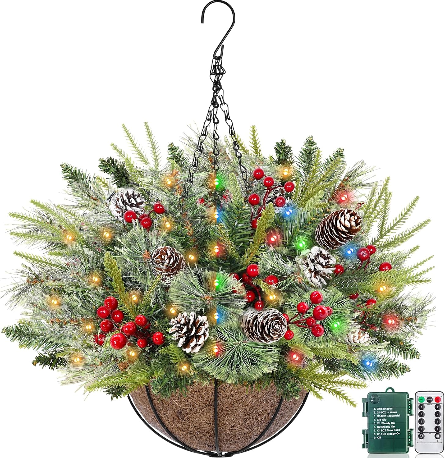 Mixed Branchs-20 Inch Christmas Hanging Basket with Lights 30LED Warm White&Multicolored 8 Modes Timer Remote Control, Lifelike Smoky Bristles Norfolk Pine Hanging Christmas Front Door Porch Decor