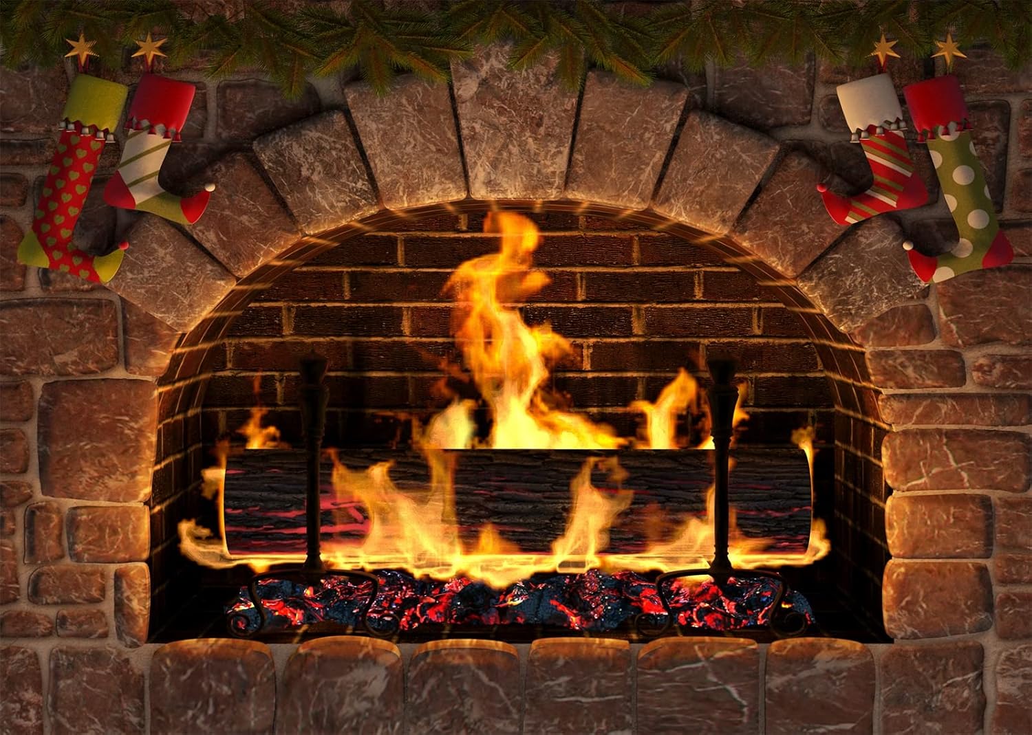 BELECO 5x3ft Fabric Christmas Fireplace Photography Backdrop Vintage Stone Fireplace Xmas Stocking Decorations Burning Firewoods Fireplace Background Winter Christmas Party Decorations Photo Props