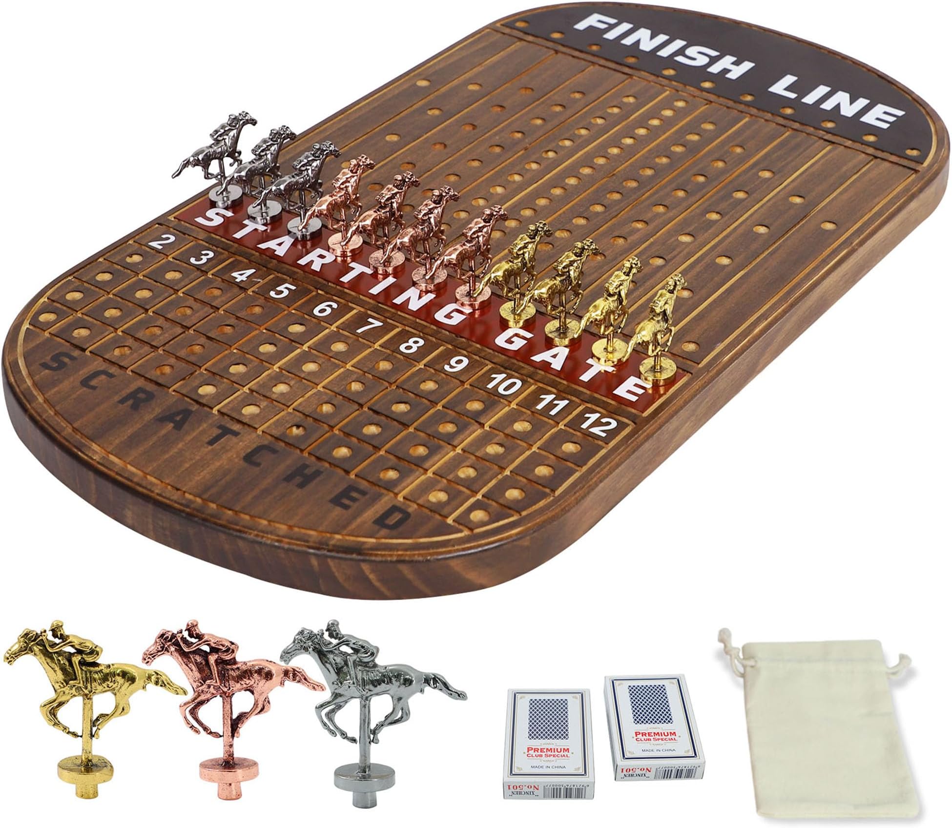 Horse Race Board Game Racing Game Solid Wood with 11 Luxurious Durable Classic Metal Horses with 4 Dice and 2 Boxes of Cards Finish Line Horse Racing Game (flame)